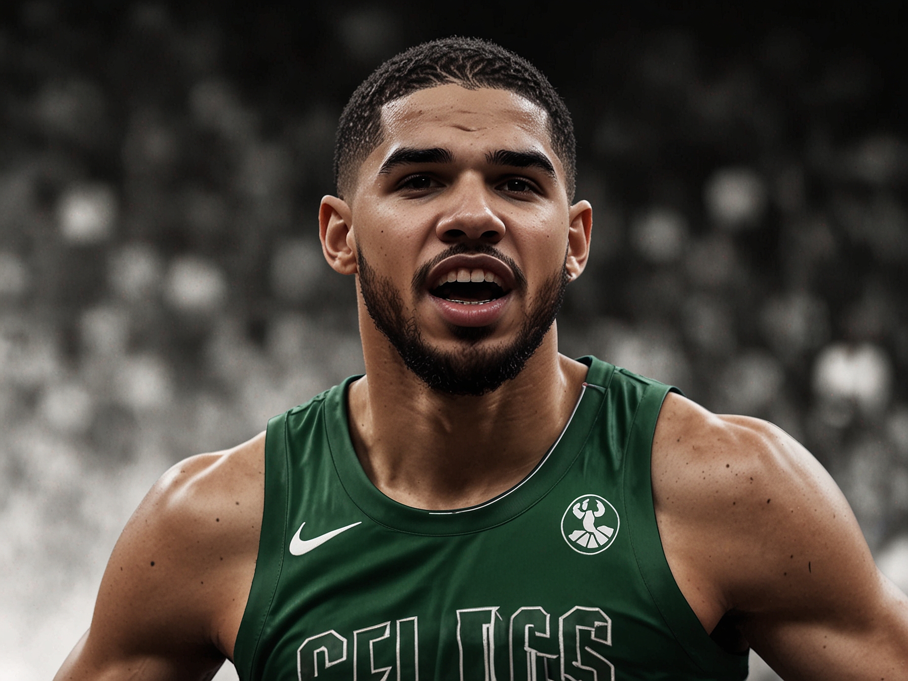 Boston Celtics' Jayson Tatum driving to the basket with a determined expression, capturing his game-winning performance against the Dallas Mavericks in the NBA Finals.