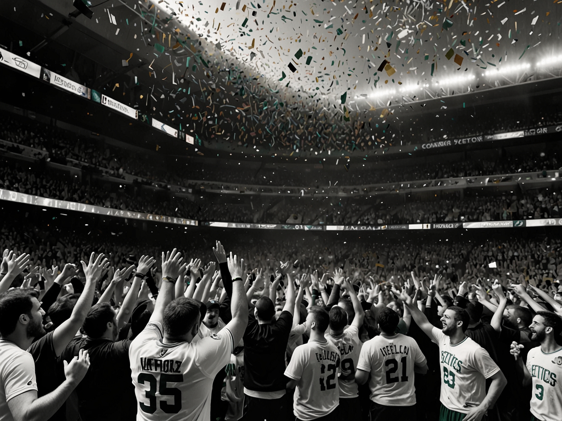 TD Garden filled with ecstatic Boston Celtics fans celebrating their team's 18th NBA Championship victory as confetti rains down on the jubilant players.