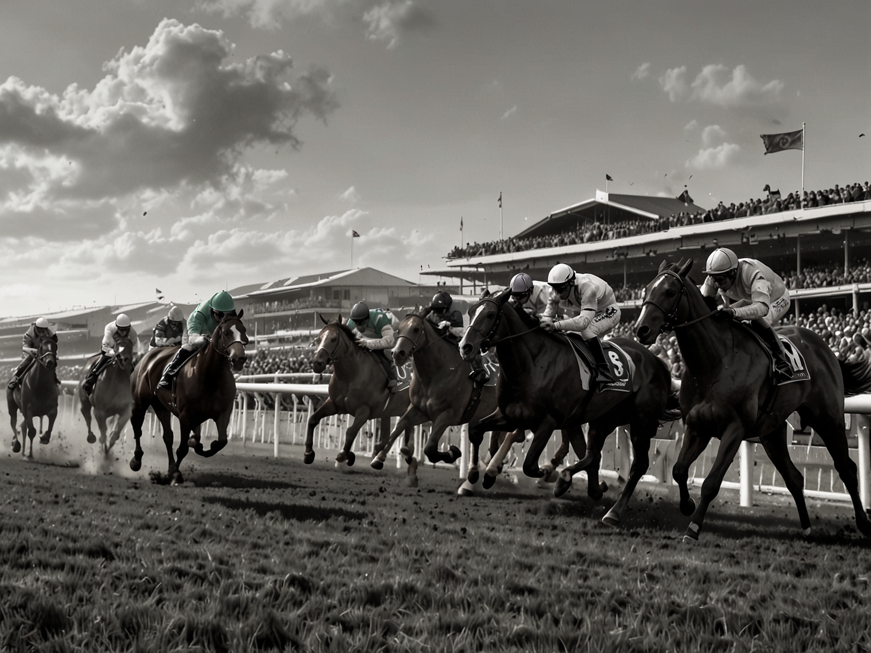 Illustration of a horse race under ideal weather conditions, highlighting Templegate's NAP leading the pack, demonstrating its advantage over other competitors.