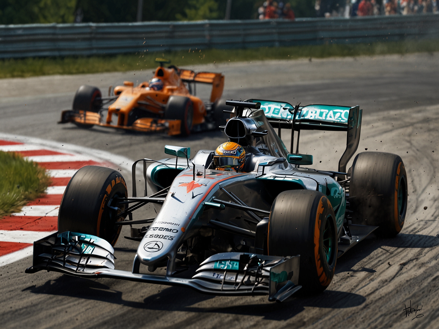 A tense moment during the Canadian Grand Prix, showcasing the tight competition between Hamilton and other top drivers, highlighting the high-stakes environment of F1.