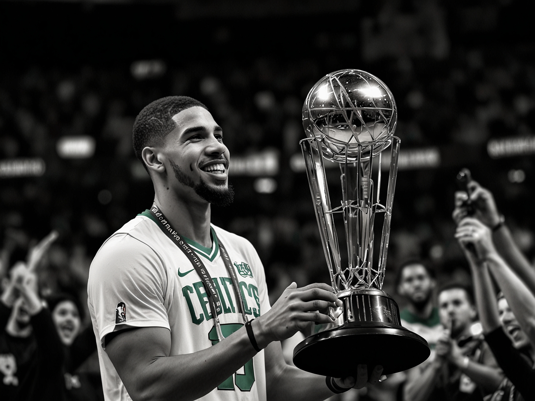 Jayson Tatum celebrates with the championship trophy after leading the Boston Celtics to their 18th NBA title, highlighting his Finals MVP performance.