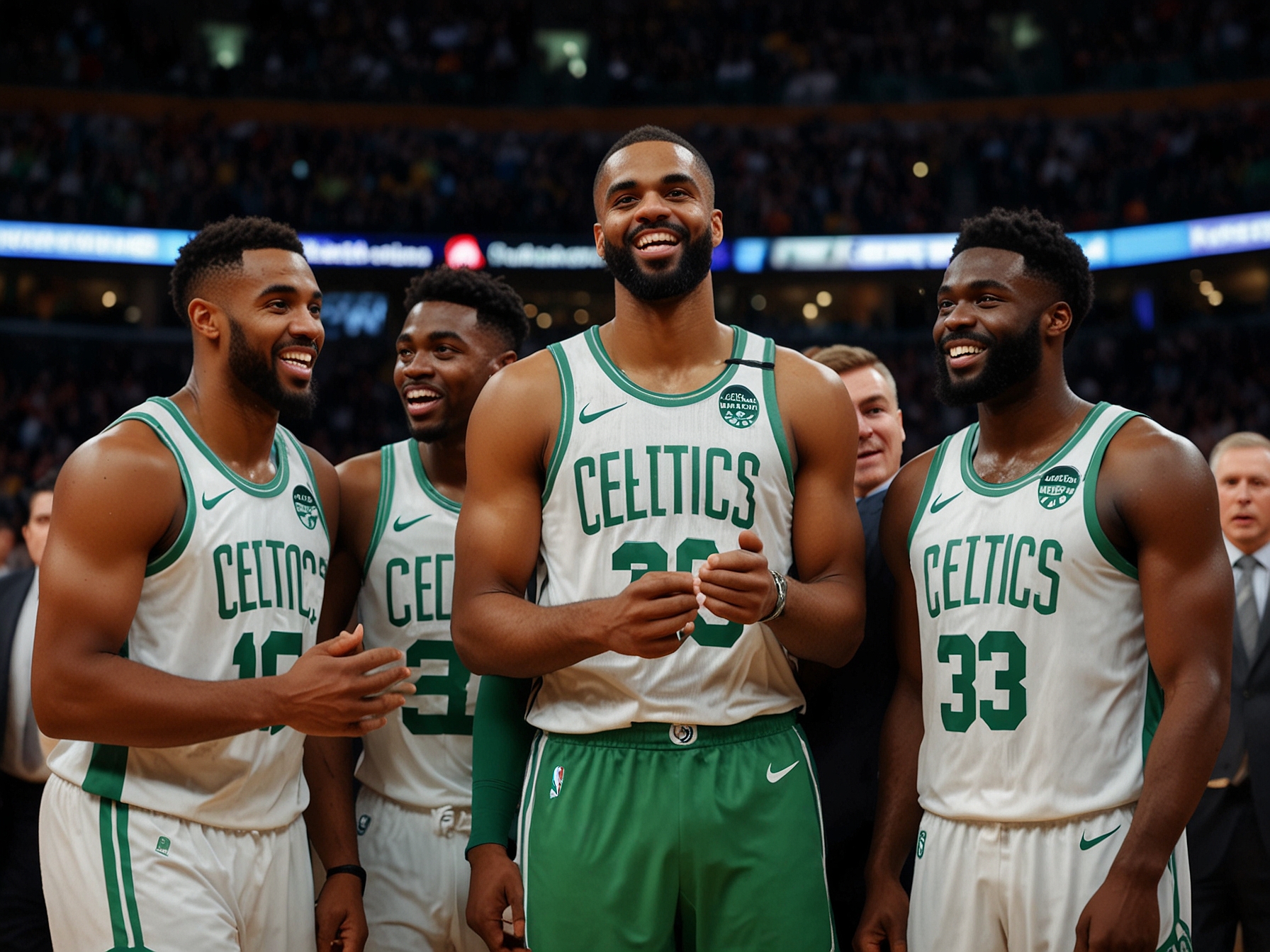 The Boston Celtics' team, including Coach Ime Udoka and Jaylen Brown, revels in their historic victory at the TD Garden, solidifying their place in NBA history.
