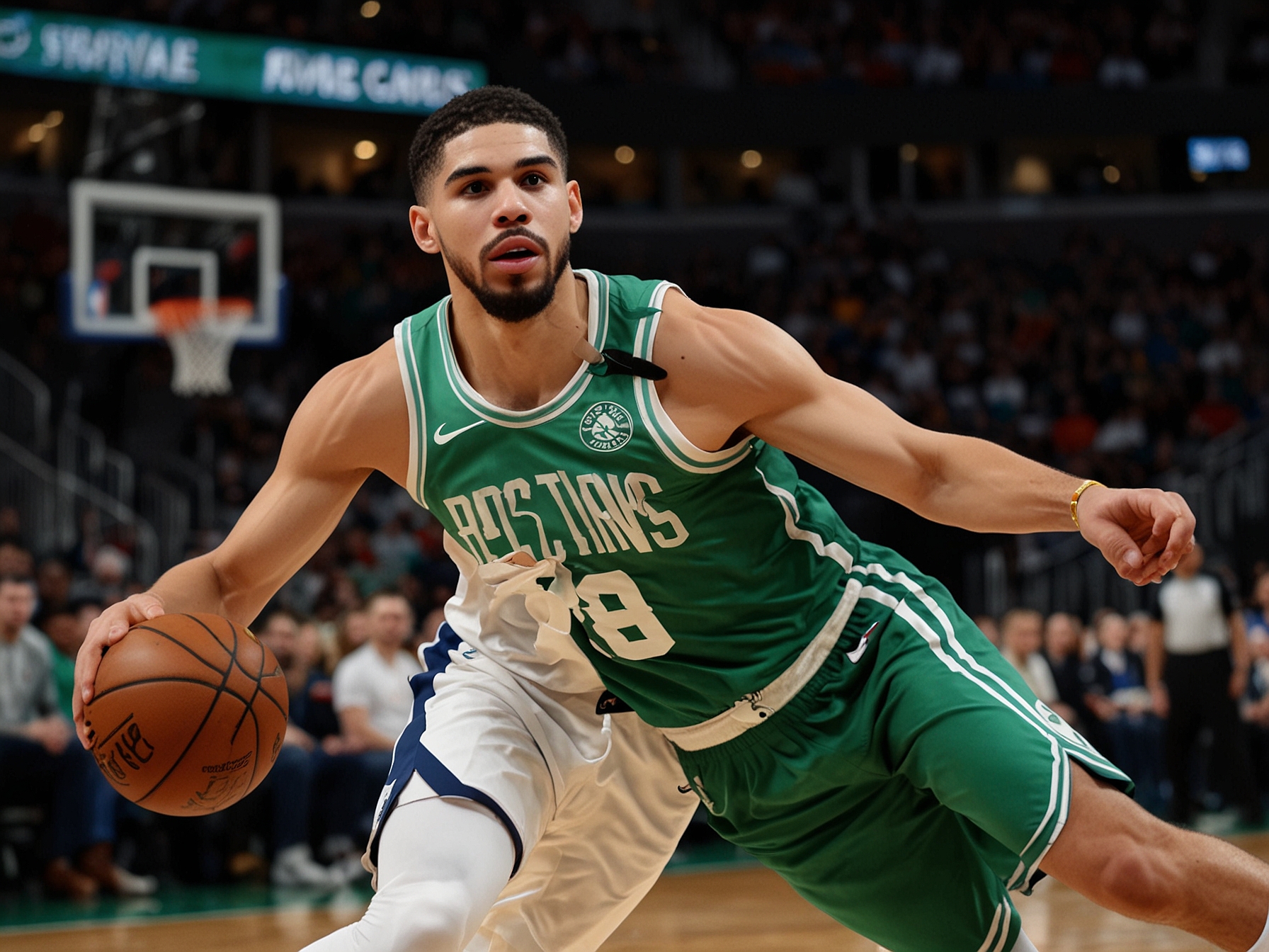 Boston Celtics' star Jayson Tatum drives to the basket past Dallas Mavericks defender Luka Dončić during Game 5 of the NBA Finals, exemplifying Tatum's offensive prowess and leadership.