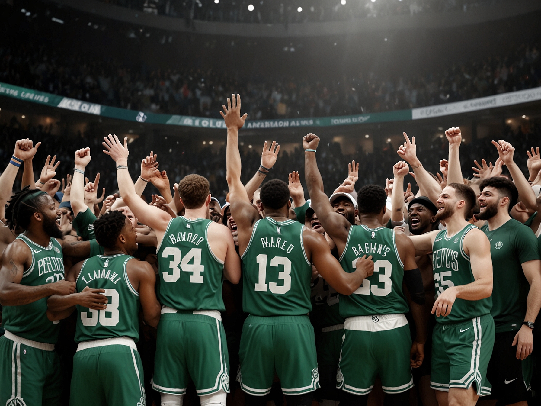 Celtics players and fans celebrate on the court as the final buzzer sounds, marking their triumphant 106-88 victory over the Dallas Mavericks and clinching the 2023 NBA championship.