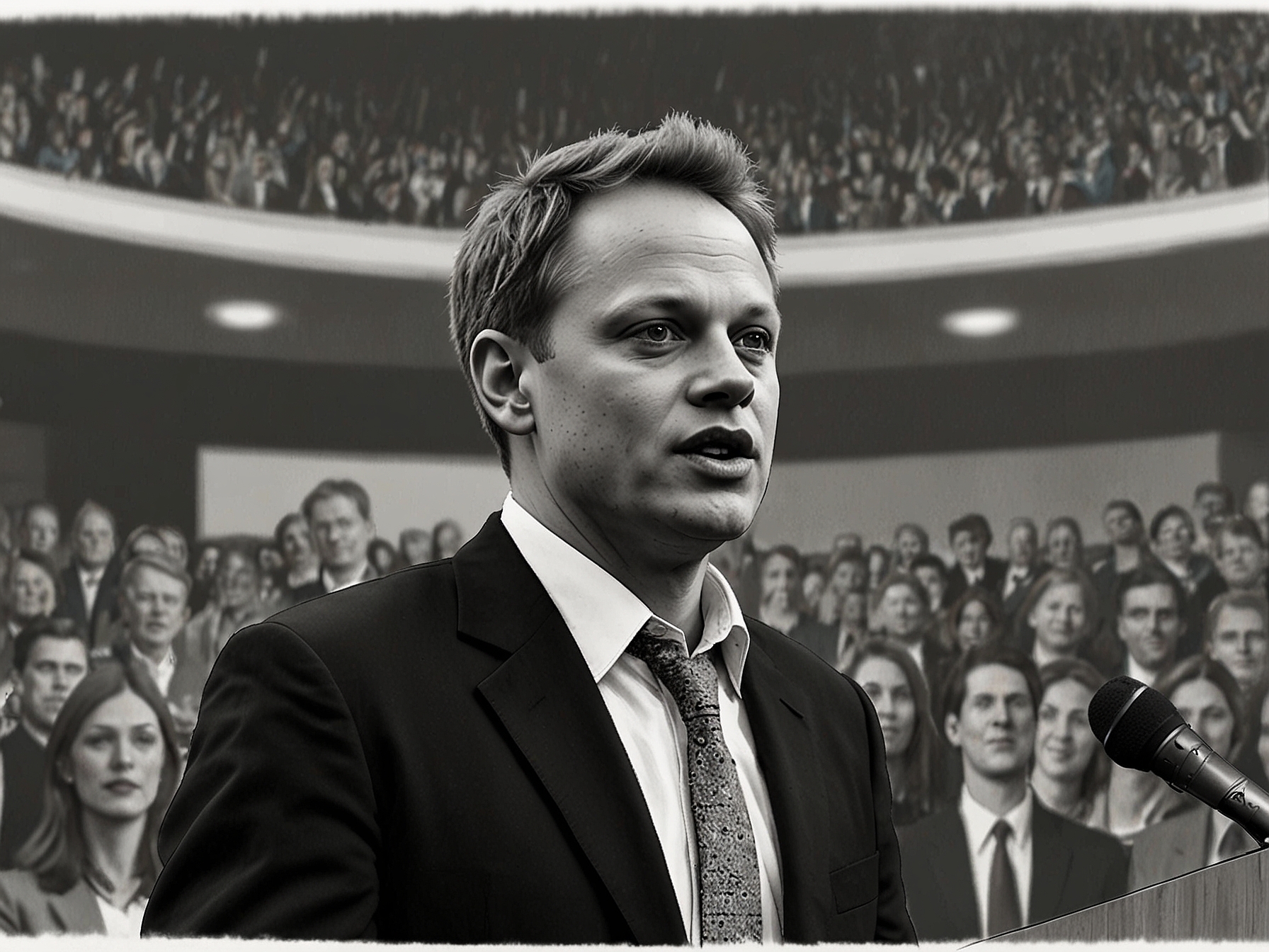 Grant Shapps delivering a speech, emphasizing the Conservative Party's stand against Labour's potential super-majority and its economic implications with a backdrop of Tory supporters.