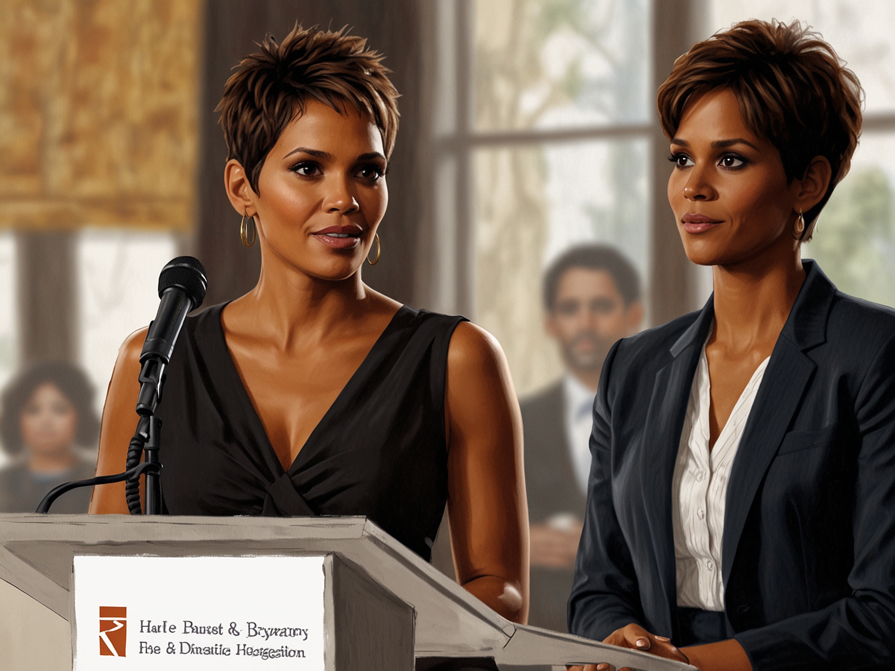 Halle Berry speaking at an event, passionately explaining her reasons for preferring domestic adoption over international adoption, emphasizing cultural and ethical considerations.