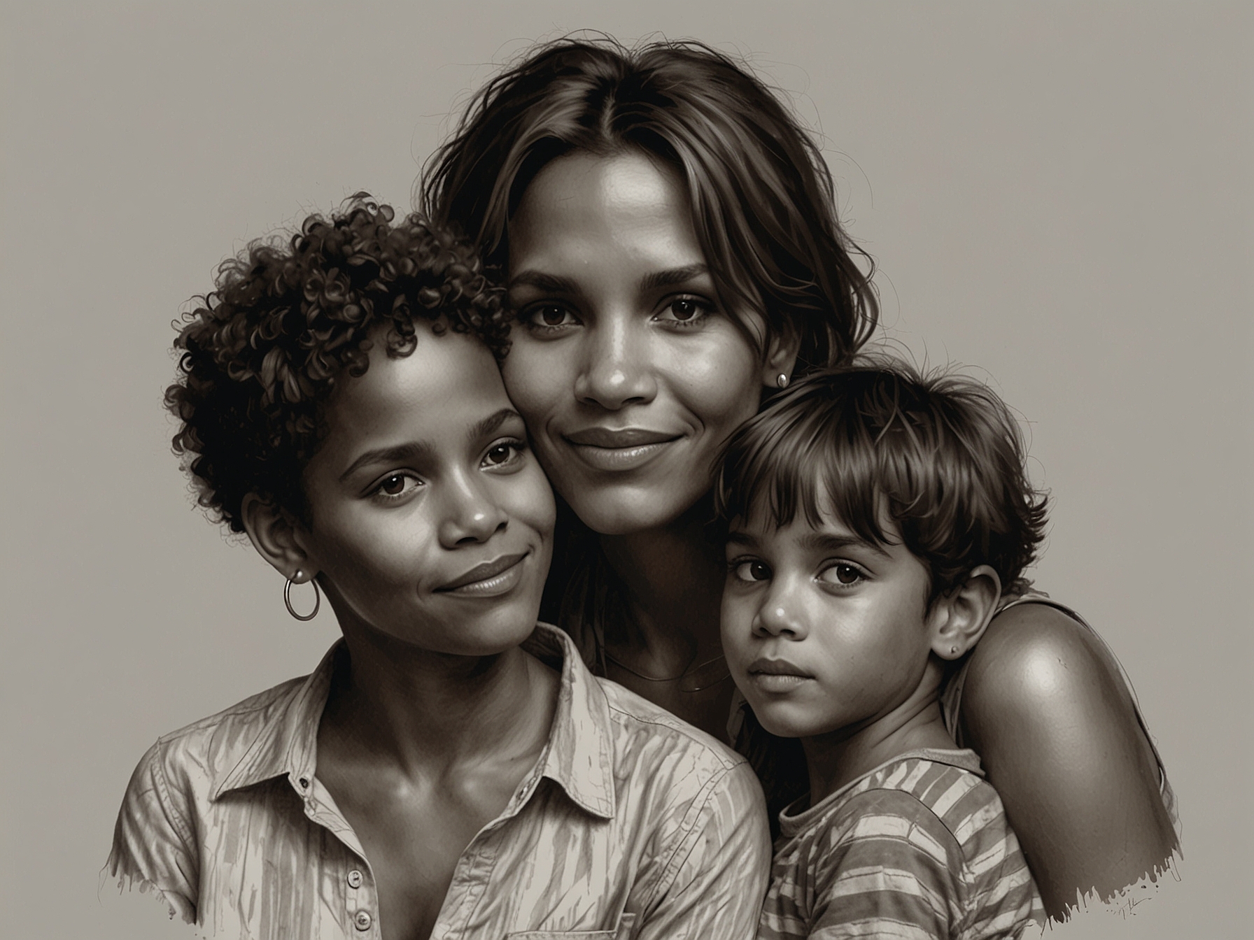 A warm and intimate family portrait of Halle Berry with her two biological children, illustrating her dedication to family and the importance of cultural and emotional connections.