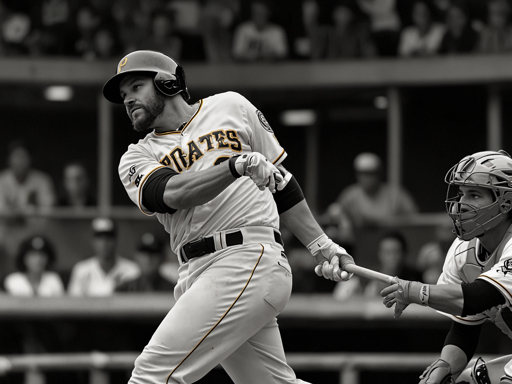 Bryan Reynolds of the Pittsburgh Pirates is captured mid-swing, hitting a two-run homer that provided crucial run support for Paul Skenes in their victory over the Reds.