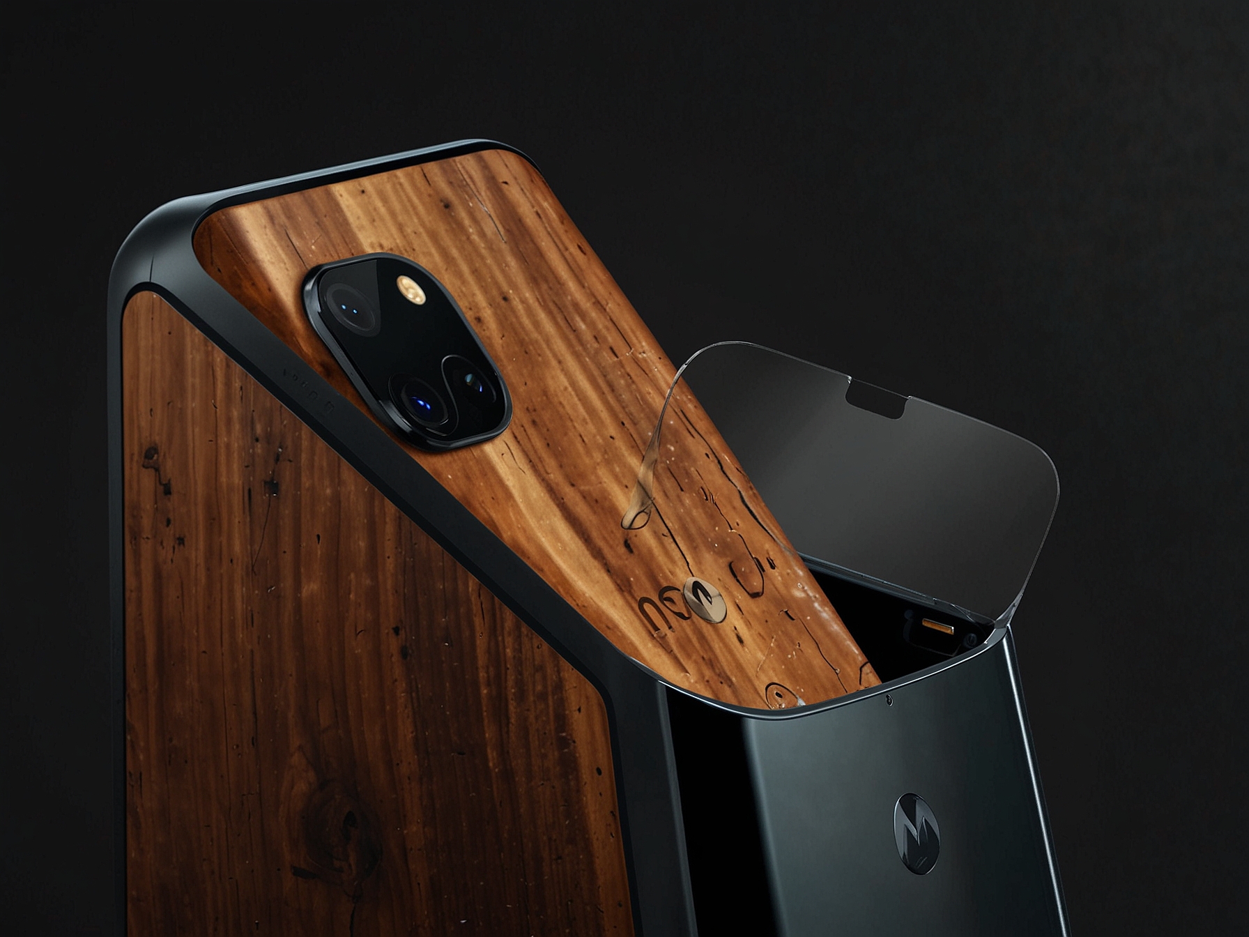 An image showcasing the elegant wooden back panel of the Motorola Edge 50 Ultra, highlighting its premium design and unique aesthetic compared to conventional glass and metal finishes.