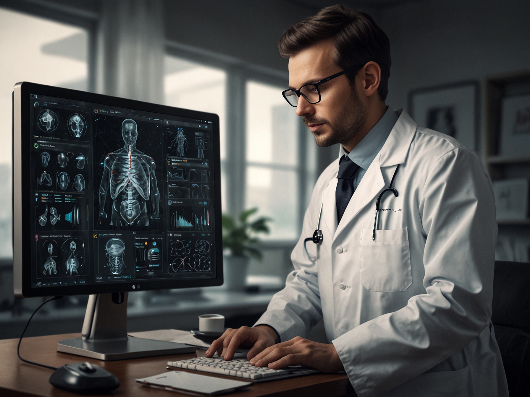 An illustration of AI algorithms in healthcare, depicting a doctor using AI to assist in disease diagnosis, highlighting improved efficiency and patient outcomes.