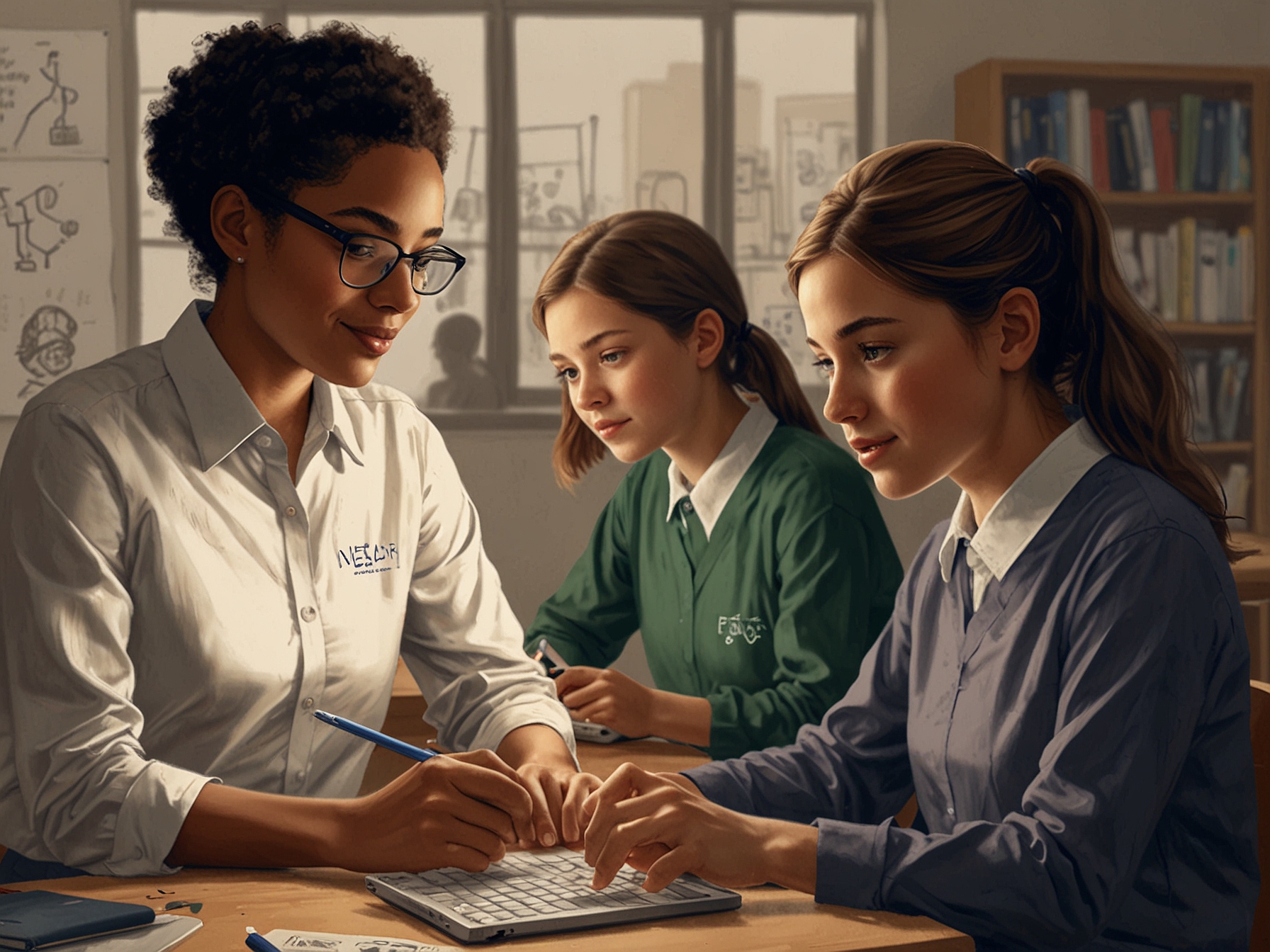A scene showing AI in education, with personalized learning experiences on digital devices catering to students' individual needs, demonstrating inclusivity and effectiveness.