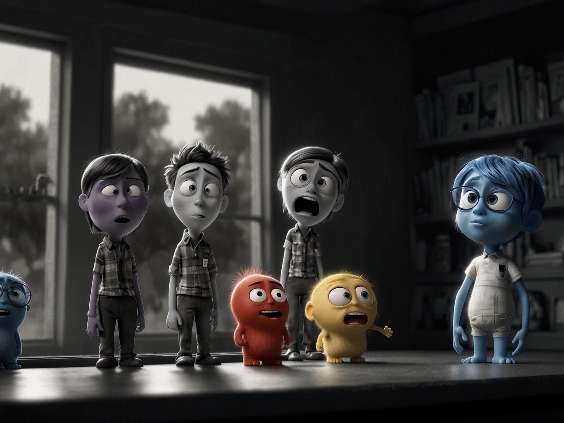 A Pixar animation studio image showing the character 'ennui' interacting with other core emotions from Inside Out, such as Joy, Sadness, Anger, Fear, and Disgust, highlighting the complexity of teenage emotions.