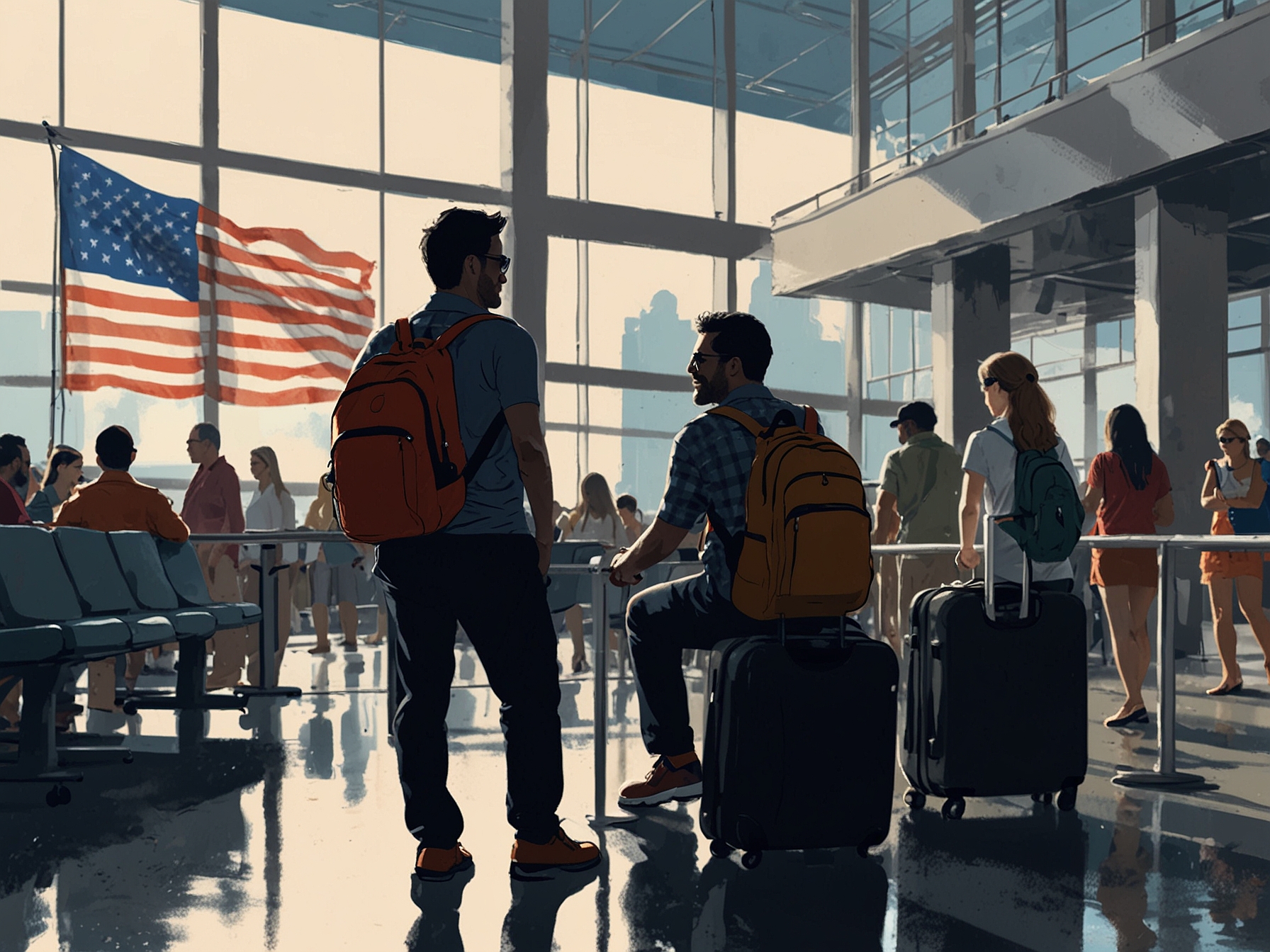 Travelers at an airport during Fourth of July weekend, reflecting the surge in both domestic and international flight bookings as consumers regain confidence in holiday travel.