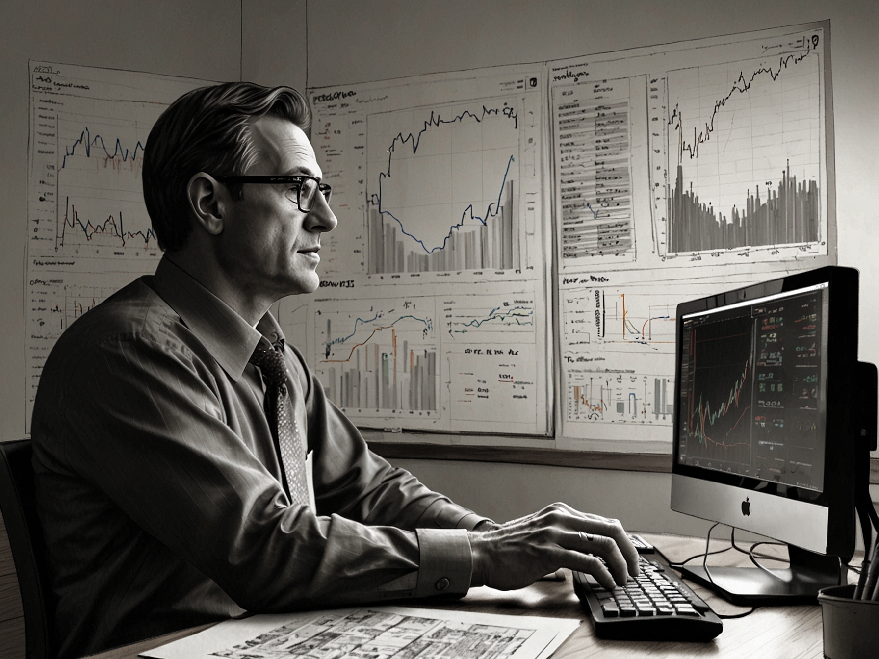 An investor analyzing financial news and data on a computer, focusing on ITC's recent strategic initiatives and market performance to make informed investment decisions.