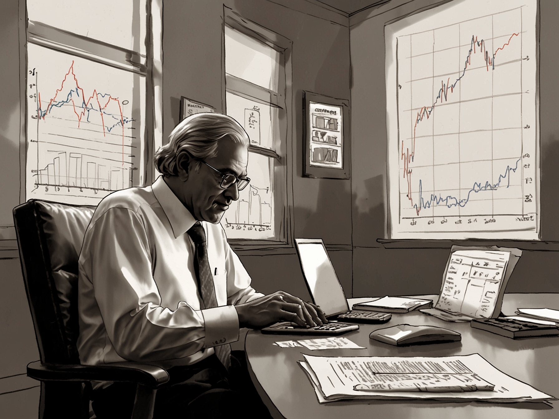 An investor analyzing Indusind Bank's stock performance reports with a laptop and financial documents, symbolizing the importance of informed decision-making in stock trading.