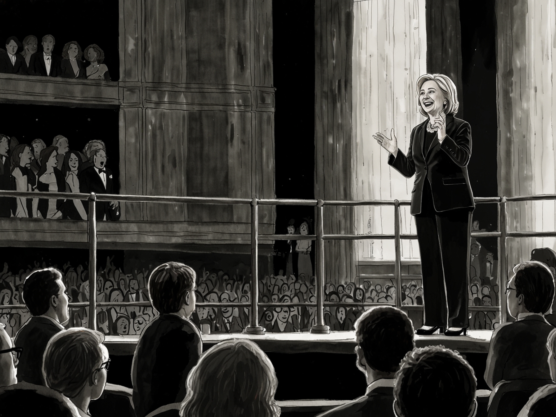 Hillary Clinton on stage at the Tony Awards receiving a standing ovation from the audience, highlighting her continued influence and the mixed reactions to her political joke.