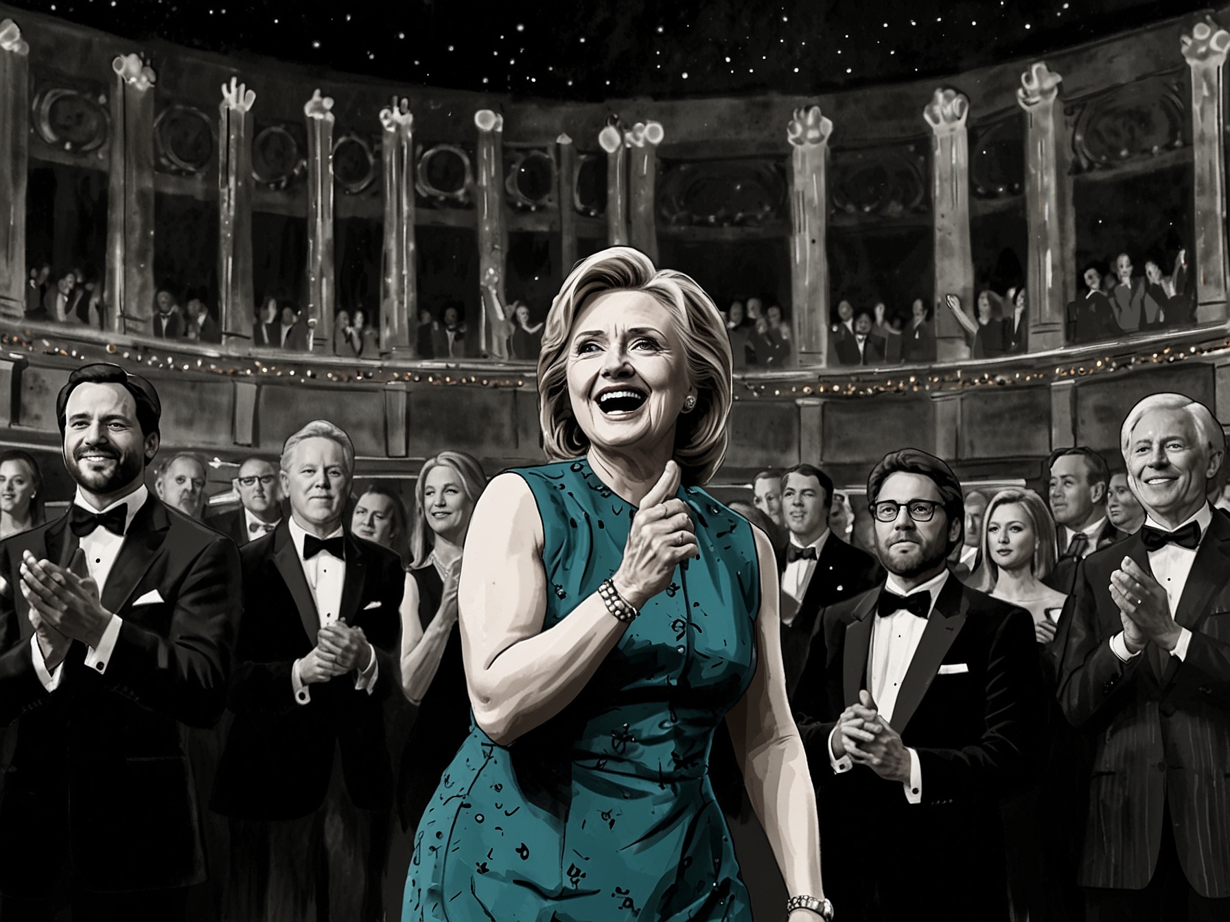 Audience members and theater luminaries applauding Clinton's appearance at the Tony Awards, capturing the division of opinions on her choice to make a political statement during the event.