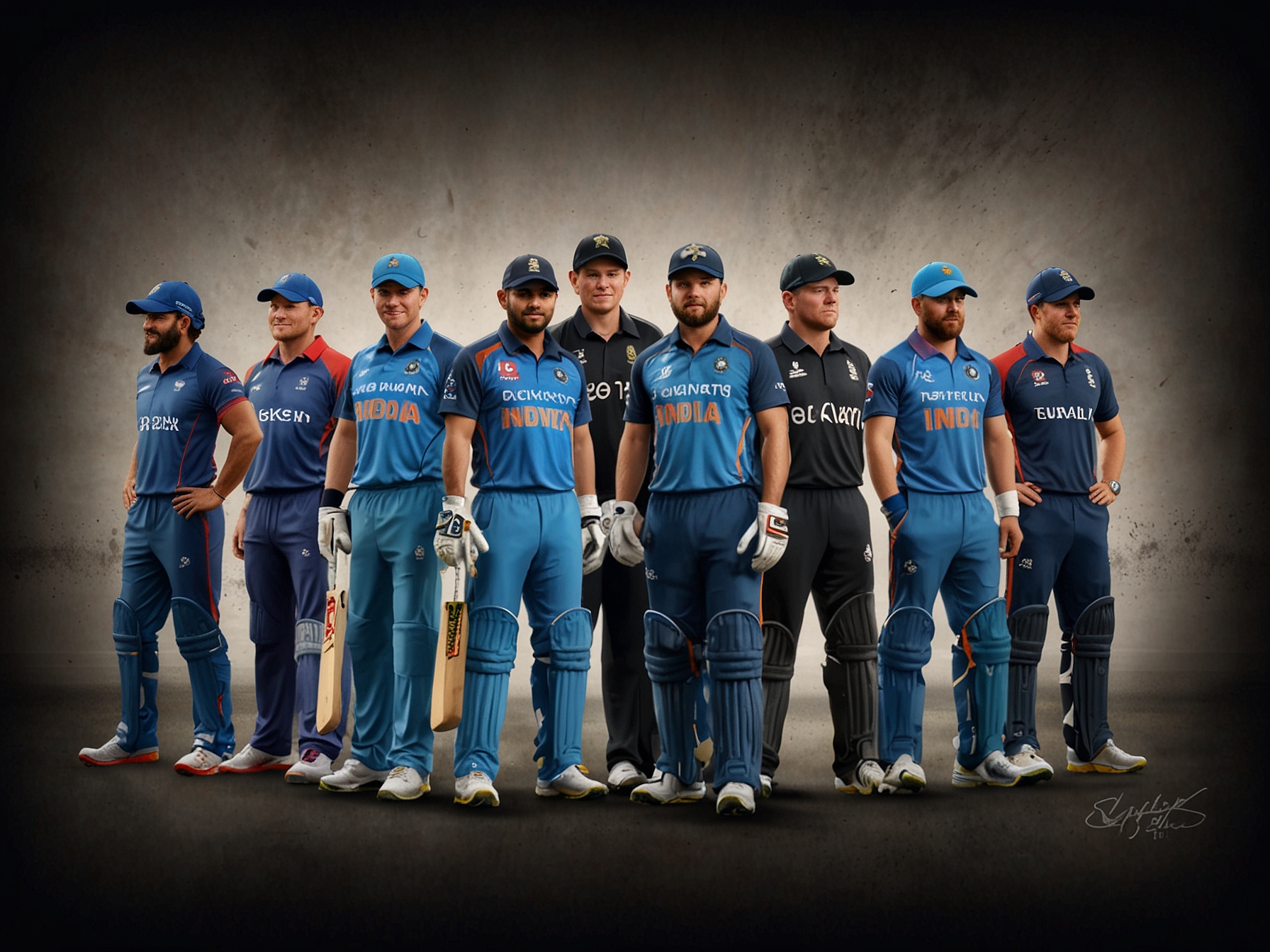 An illustration showing all eight teams that have made it to the Super Eight stage, featuring team logos and star players like Aaron Finch, Virat Kohli, and Eoin Morgan.