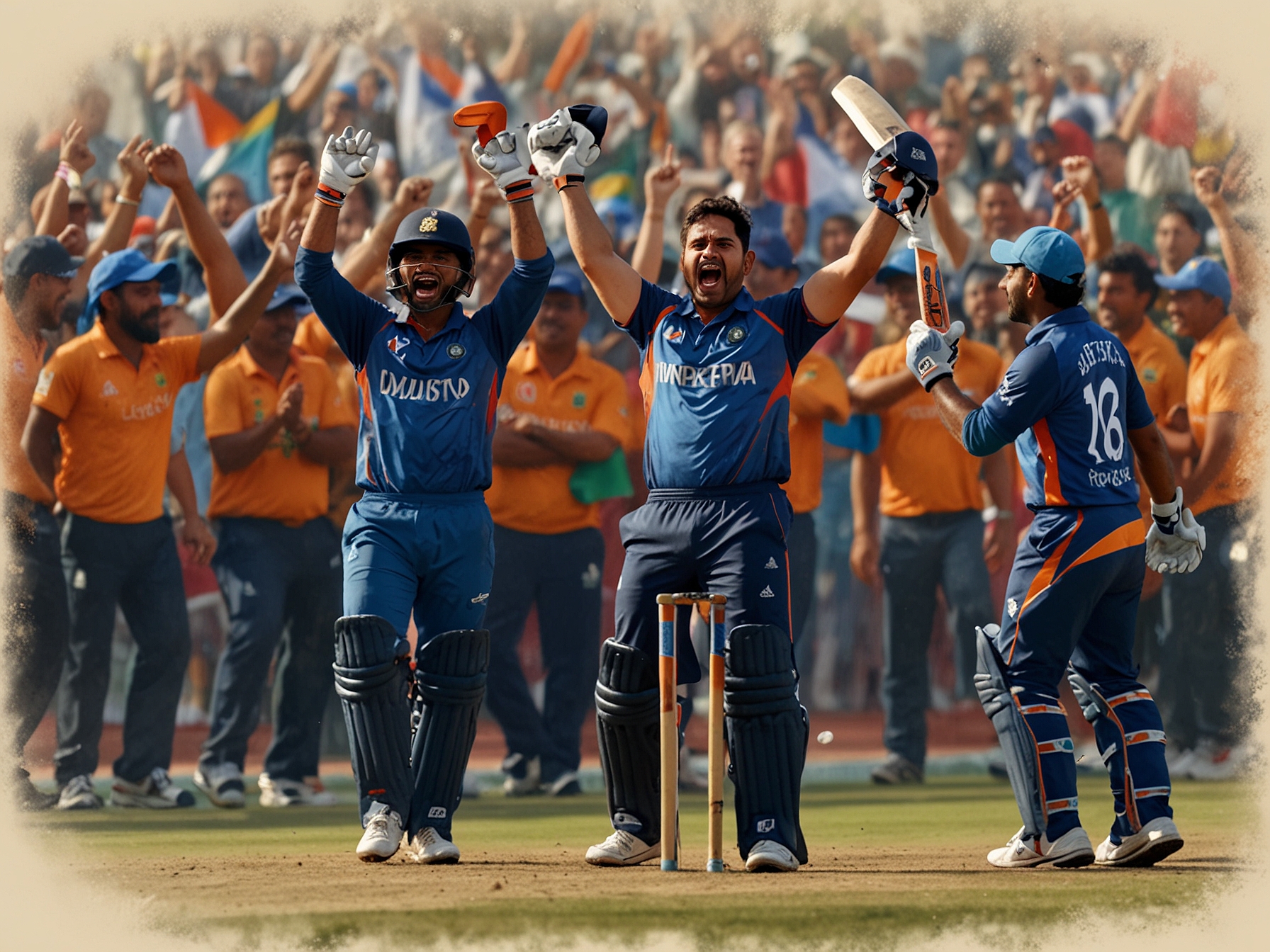 A dynamic scene from a T20 cricket match, capturing the excitement and intensity of the ICC T20 World Cup, with fans cheering and players in action.