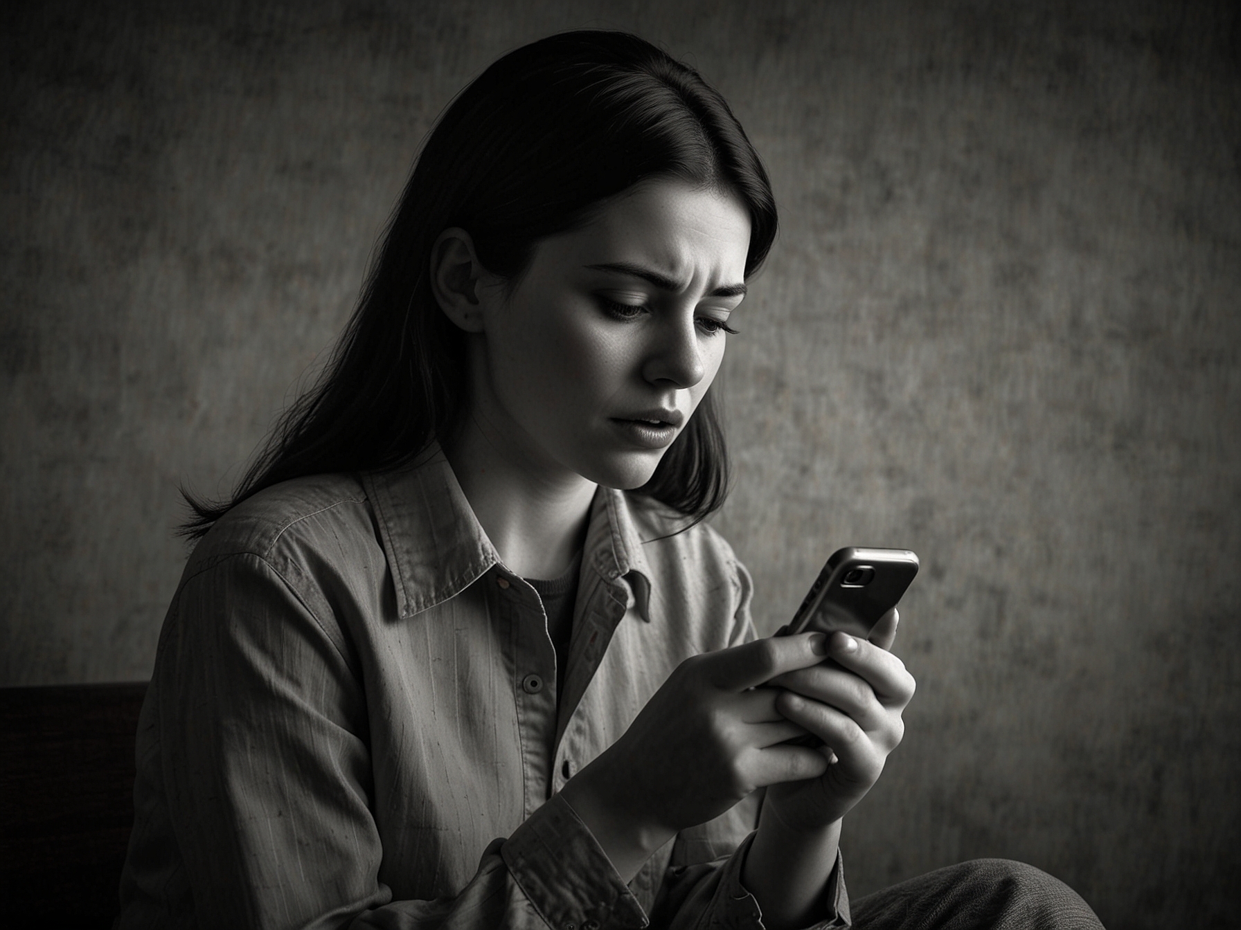 A woman reading a disheartening message on her phone with a look of shock and sadness, representing the moment she discovered her boyfriend's betrayal.