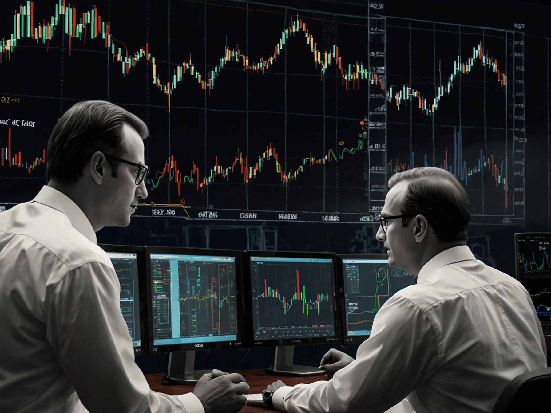 Investors monitoring stock performance on multiple screens, depicting their active engagement and analysis of Reliance Power's share price movements and market trends.