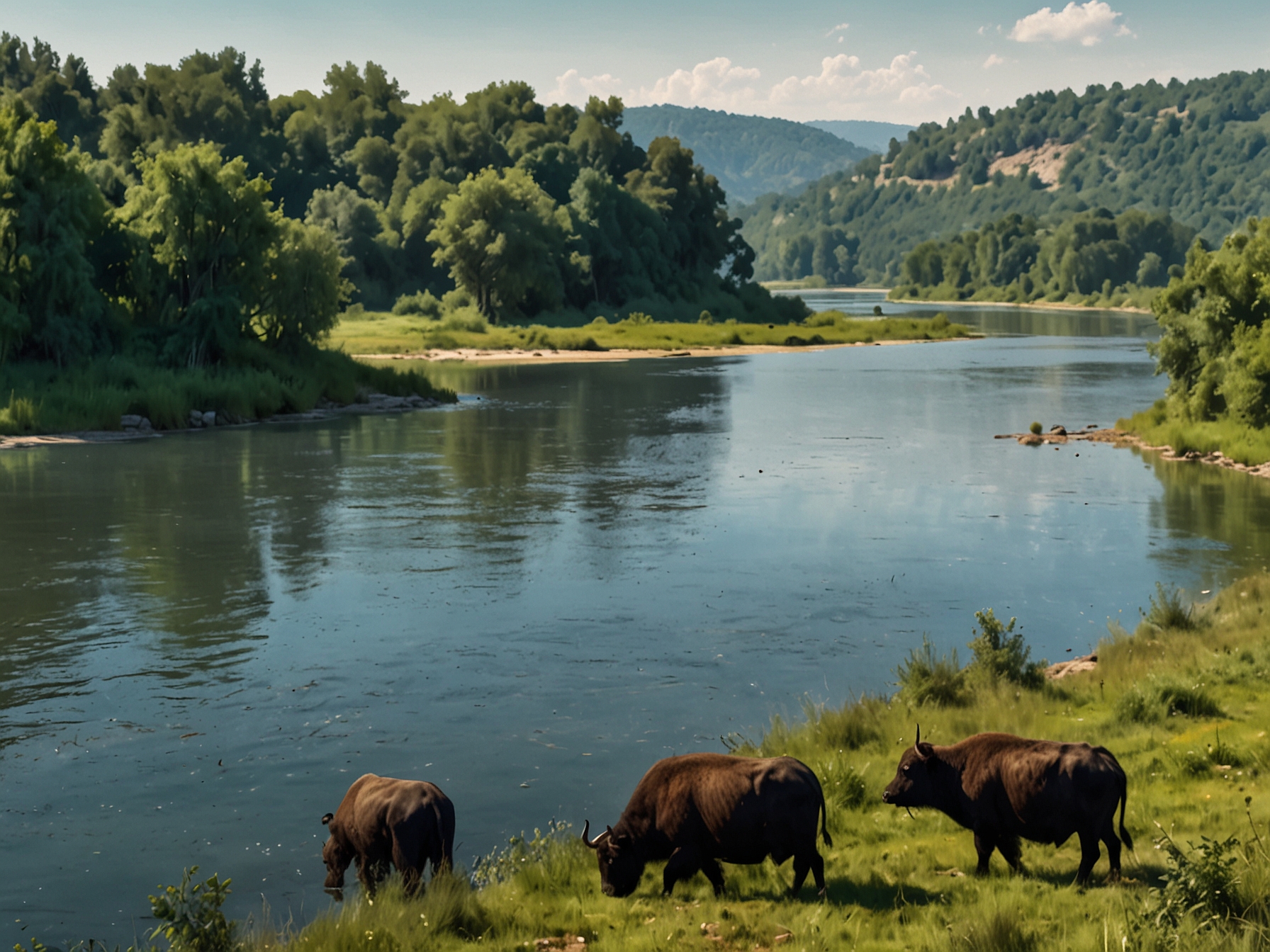 A breathtaking view of the Mura-Drava-Danube Biosphere Reserve with lush greenery, rivers winding through wetlands, and water buffaloes grazing peacefully on the riverbanks.