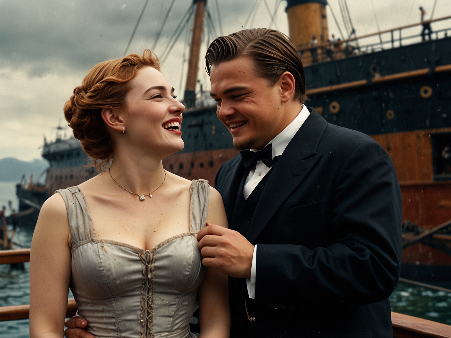 A candid moment between Kate Winslet and Leonardo DiCaprio during the filming of Titanic, with both actors laughing and their make-up artists attending to their drenched, disheveled appearances.