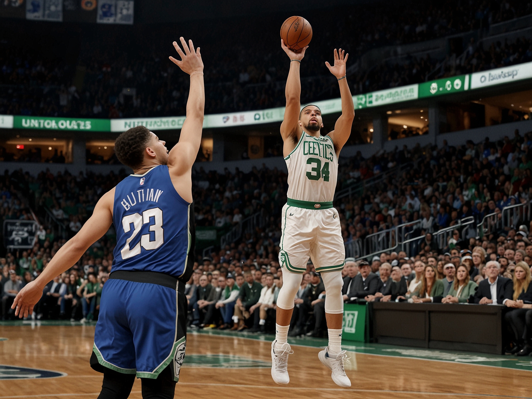 Jayson Tatum shoots a three-pointer over a Dallas Mavericks defender, showcasing Boston's dominant first-half performance in Game 5 of the NBA playoffs.