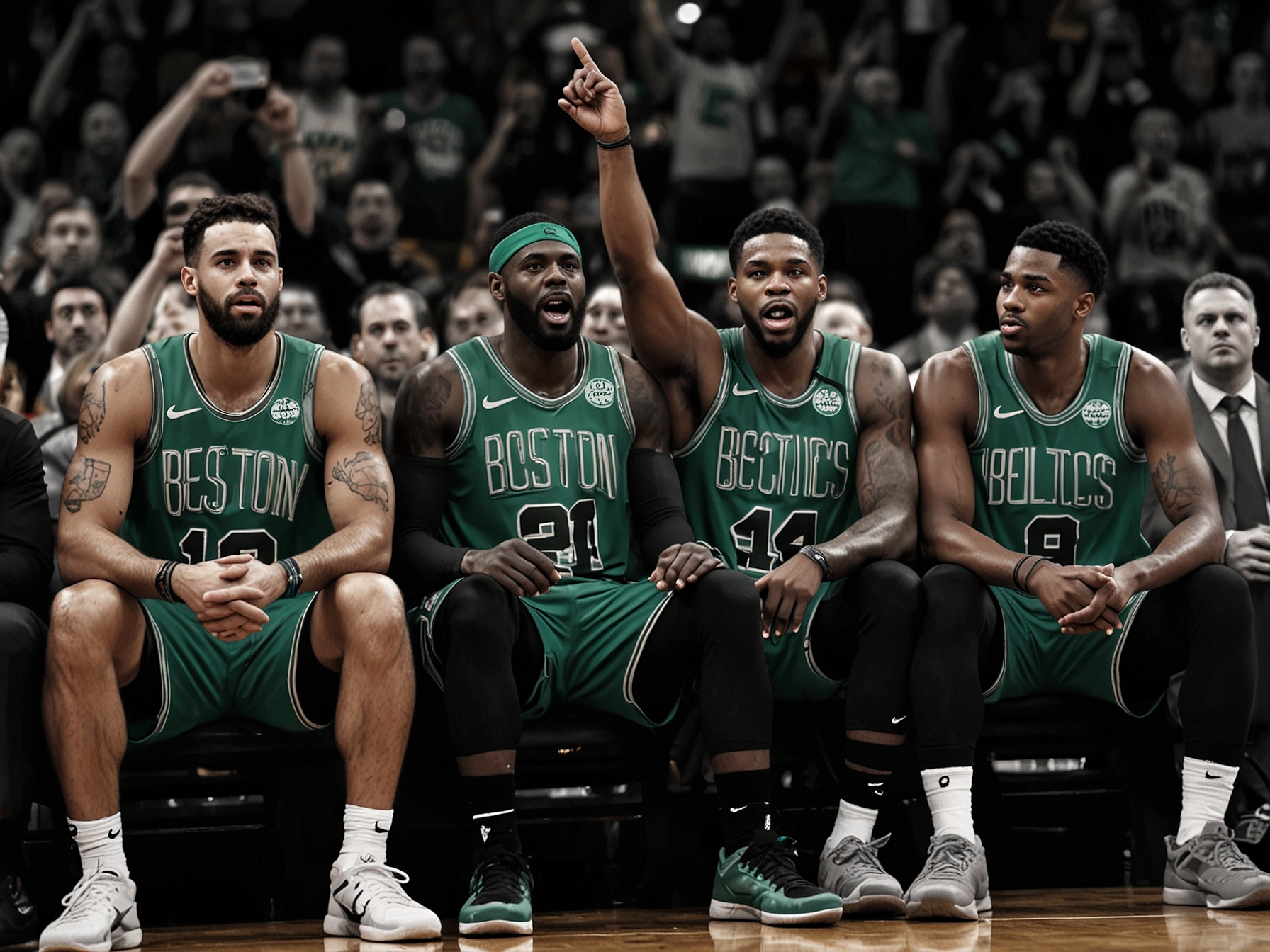 Boston Celtics players celebrate on the bench after a successful three-point shot, highlighting their commanding lead and the depth of the team.