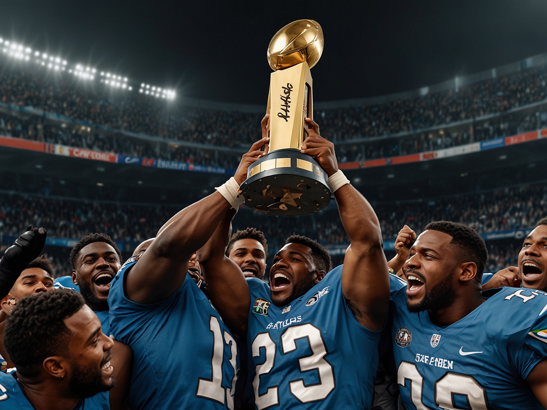 The Birmingham Stallions celebrate their third consecutive UFL championship with players lifting the trophy high, exemplifying their dominance and technical prowess throughout the season.
