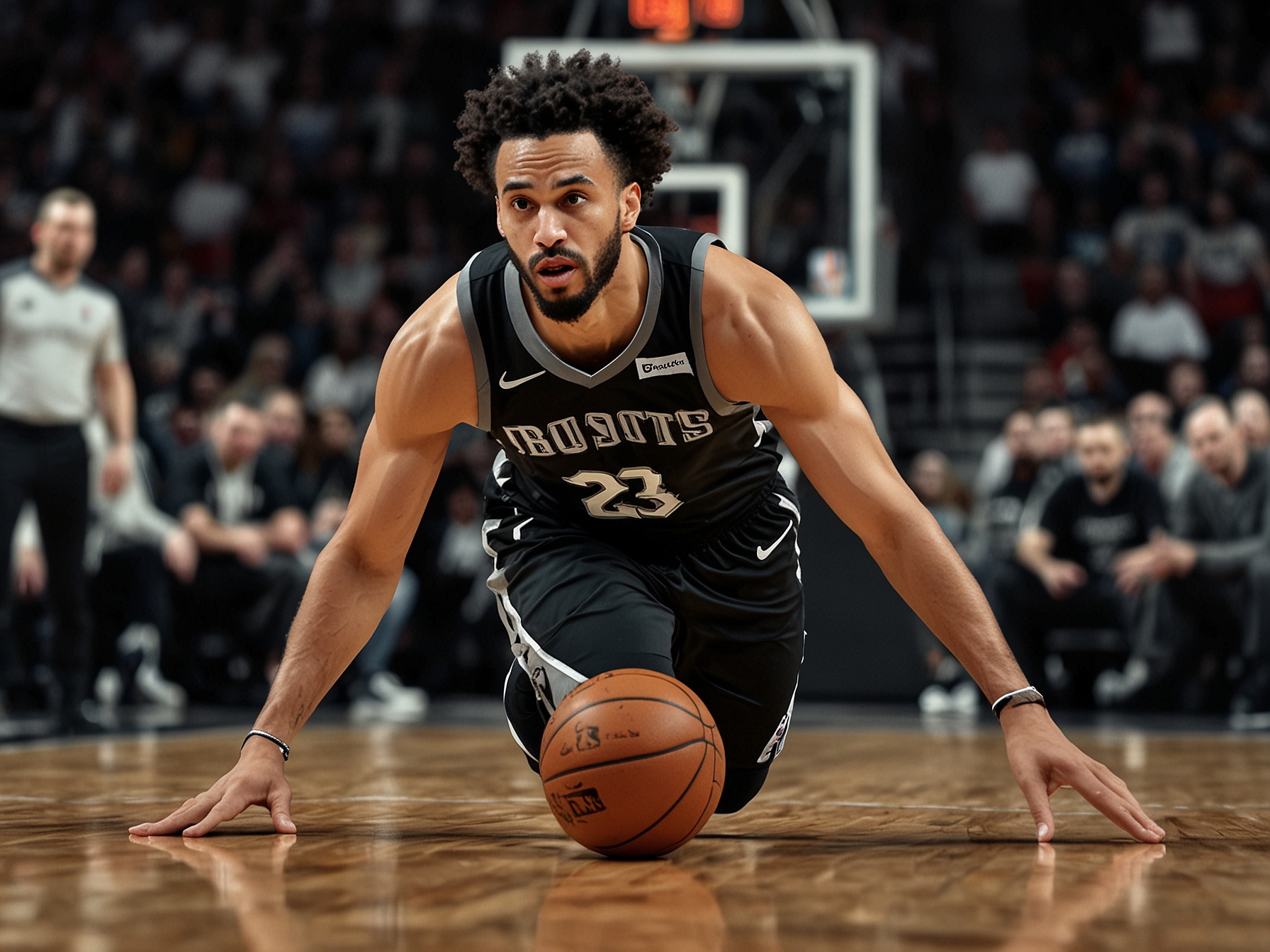 Derrick White diving on the hardwood floor with determination to secure a loose ball during a high-pressure NBA game, showcasing his exceptional hustle.