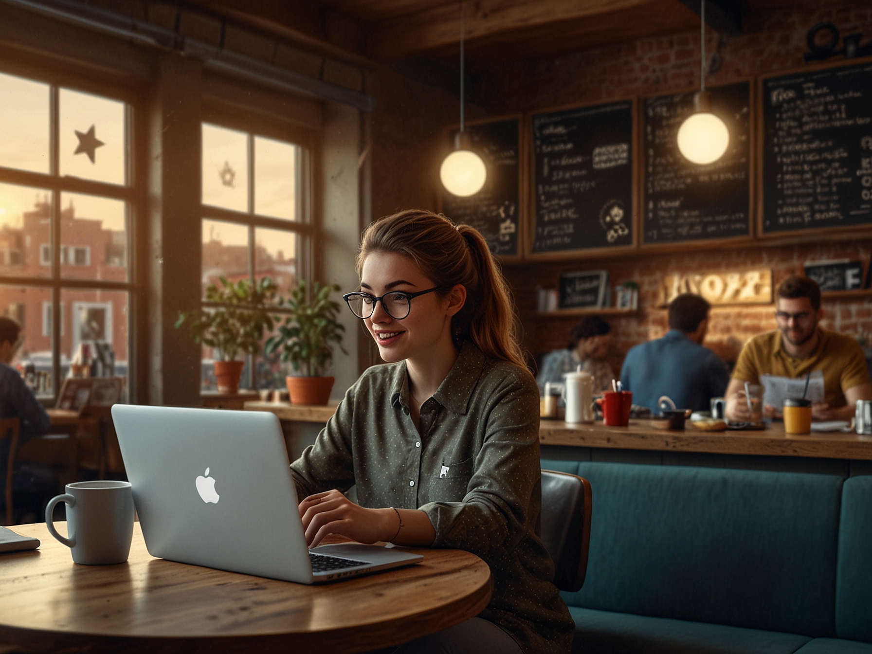 A Millennial is seen typing a detailed review on a laptop in a cozy café. The screen shows a review site with star ratings and a comment section, highlighting their digital-savviness.