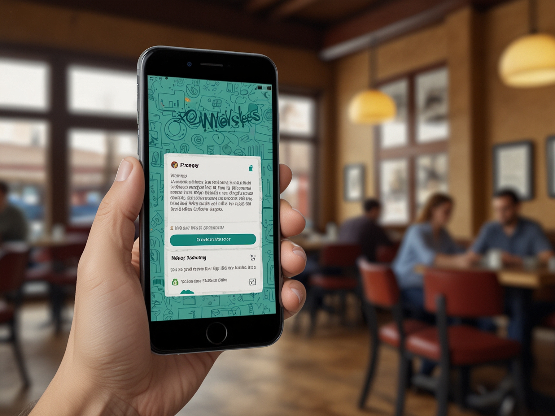 A smartphone displaying a negative restaurant review on a popular review platform. The background features a bustling restaurant, illustrating the impact of reviews on business.