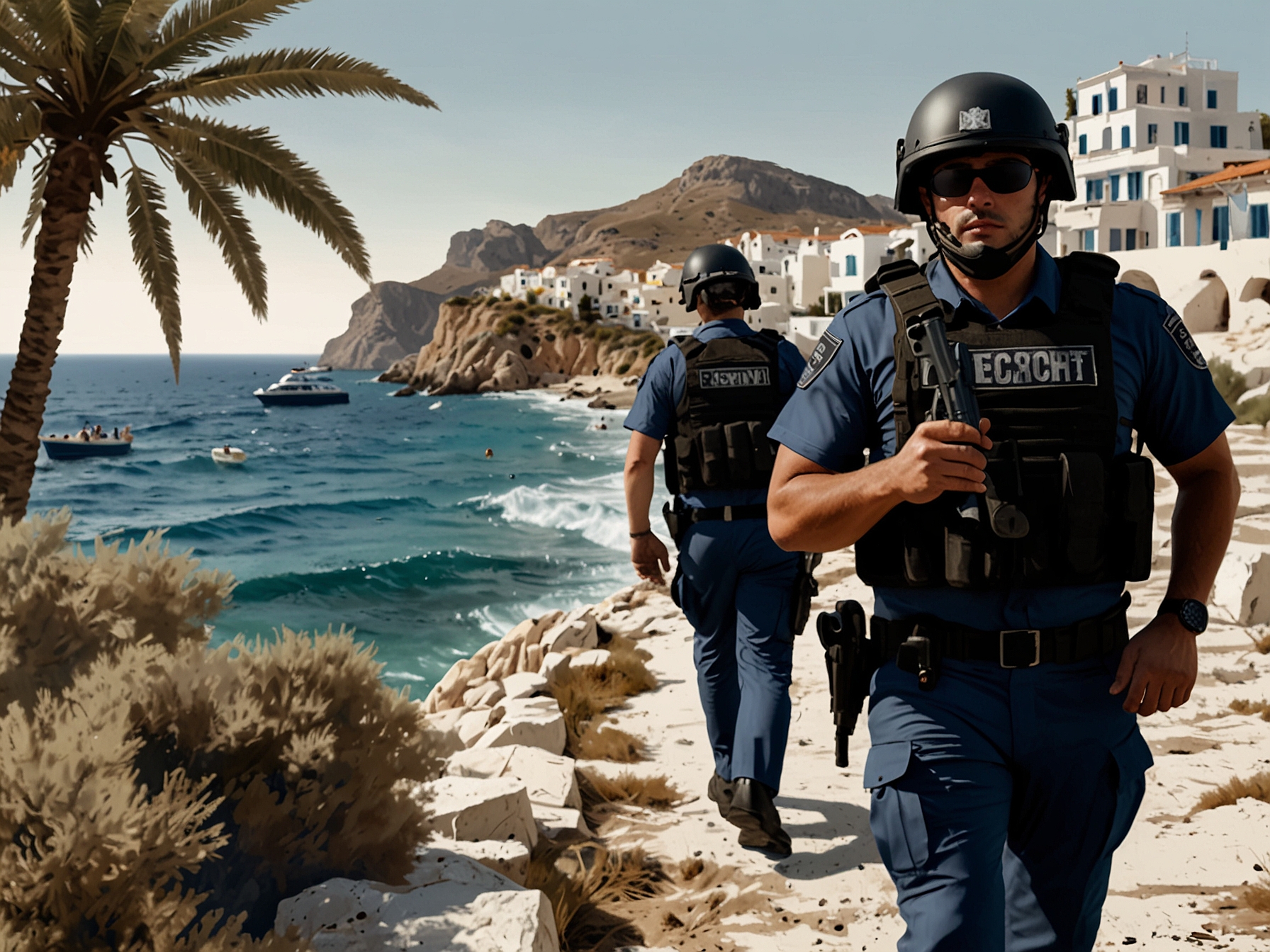Local law enforcement patrolling a Greek island's coastline, emphasizing the increased security measures being put in place to ensure safety for tourists amid recent incidents.