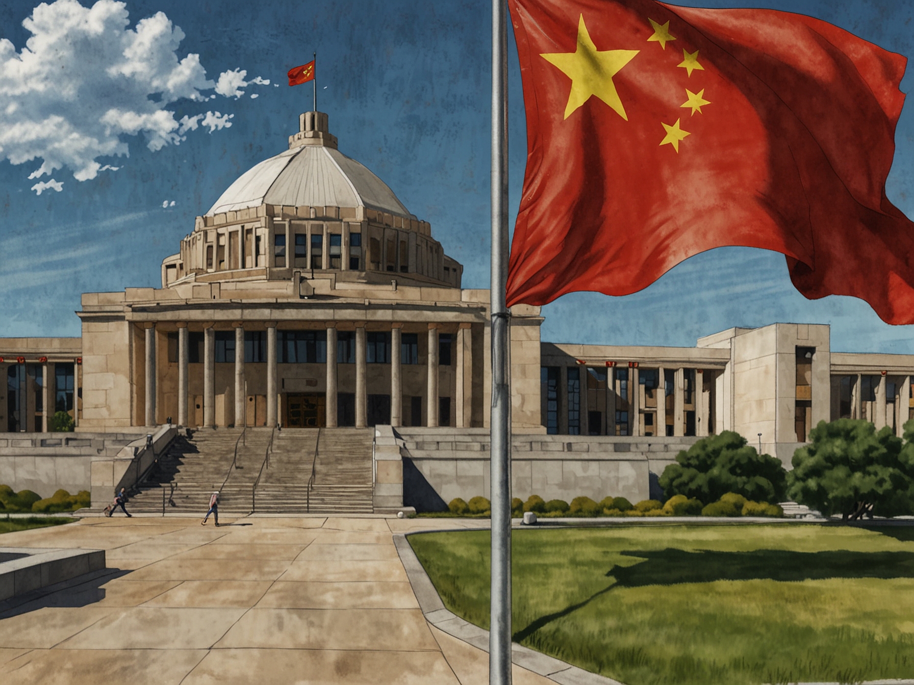 An illustration depicting the Chinese flag overshadowing Australia's Parliament House, symbolizing China's influence in Australia's political landscape.