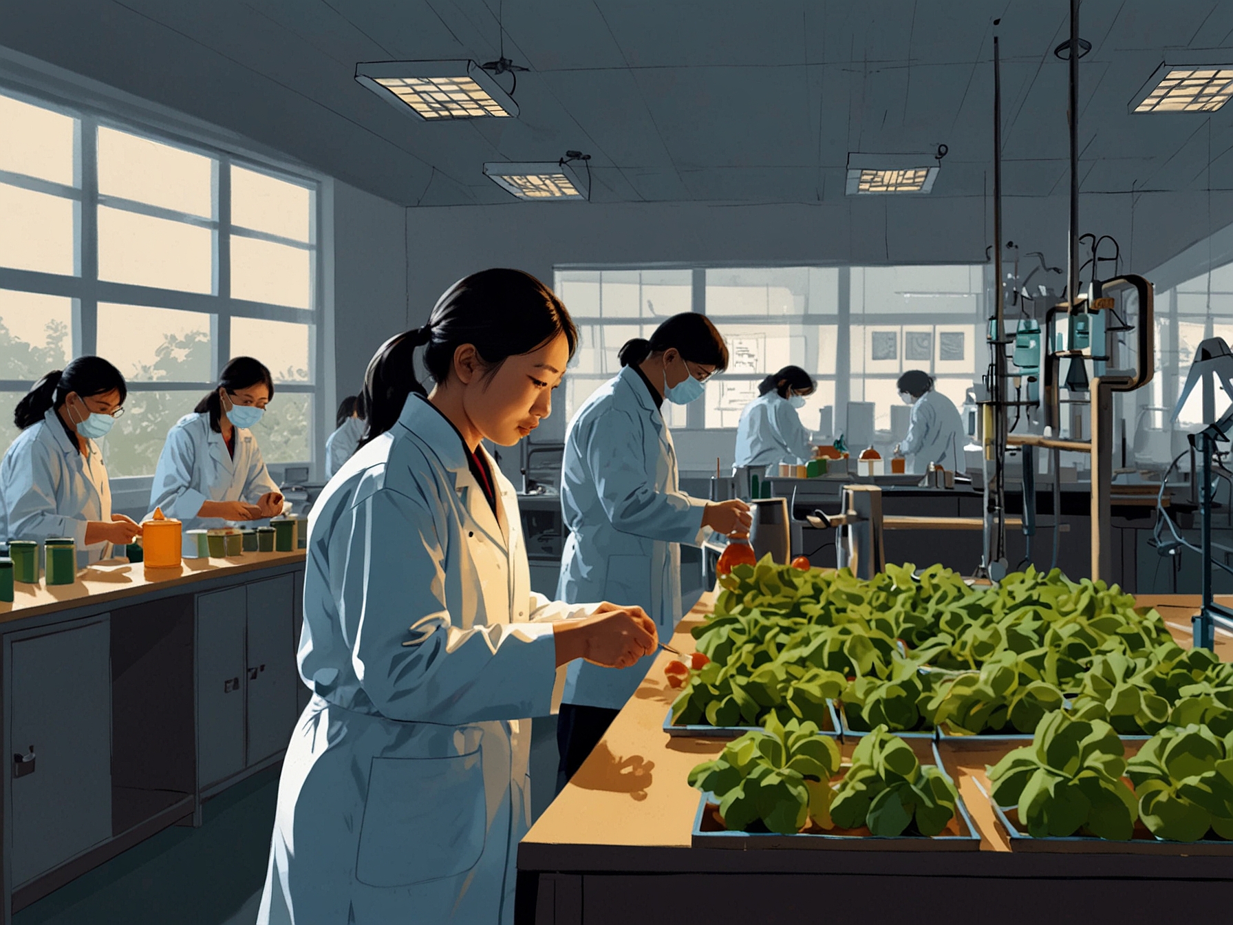 An image showcasing advanced Chinese laboratories with researchers working on genetic modification and molecular breeding of crops, highlighting China's achievements in plant biology and food security.