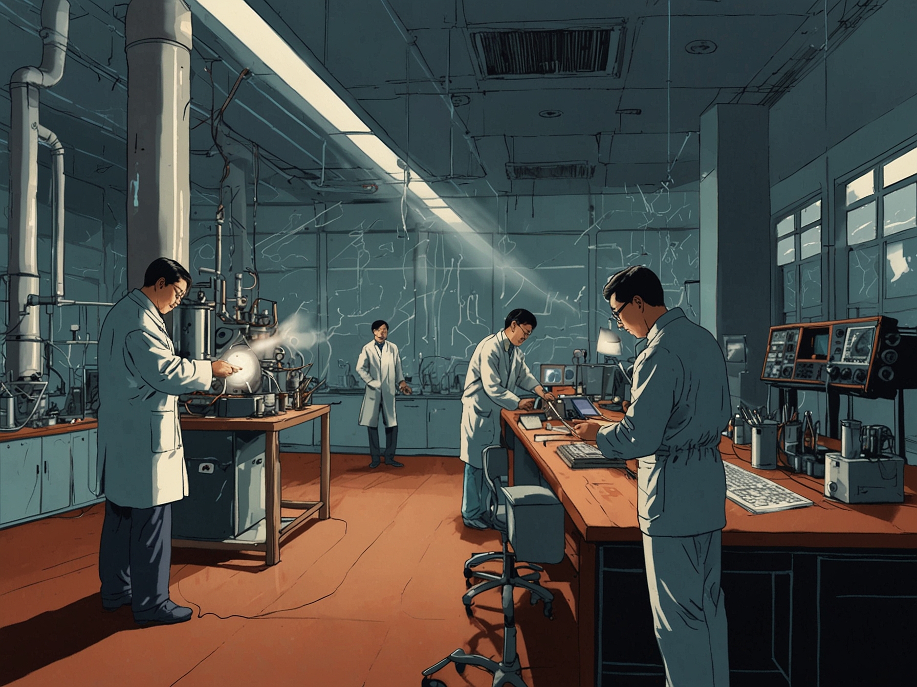 A depiction of Chinese scientists experimenting with superconducting materials in a high-tech lab, emphasizing China's strides in superconductor physics and their potential impact on energy transmission.