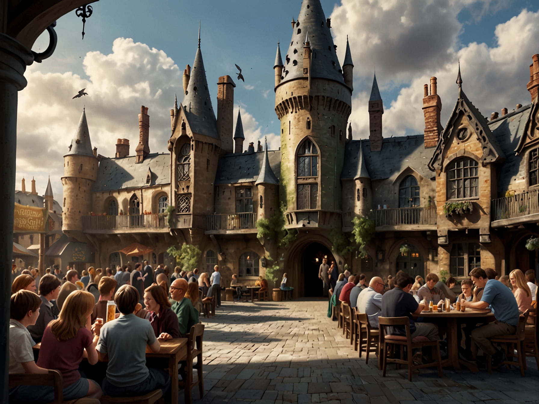 A bustling scene of the new Harry Potter land, featuring detailed recreations of Diagon Alley and Hogwarts Castle, with visitors sipping butterbeer at the Three Broomsticks.