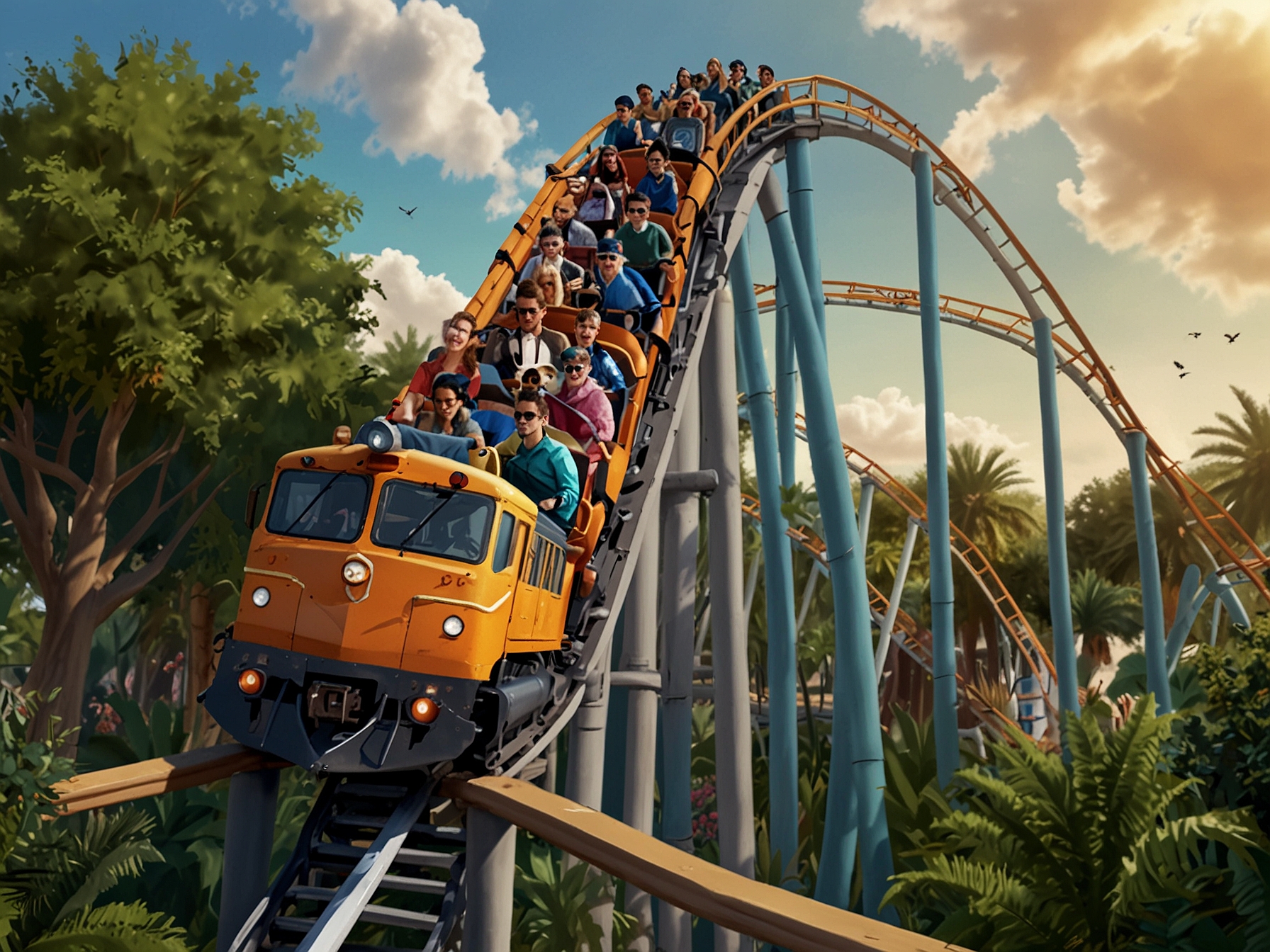 A thrilling roller coaster at the new Orlando theme park, showing a train of riders experiencing high-speed twists and turns with lush landscaping in the background.
