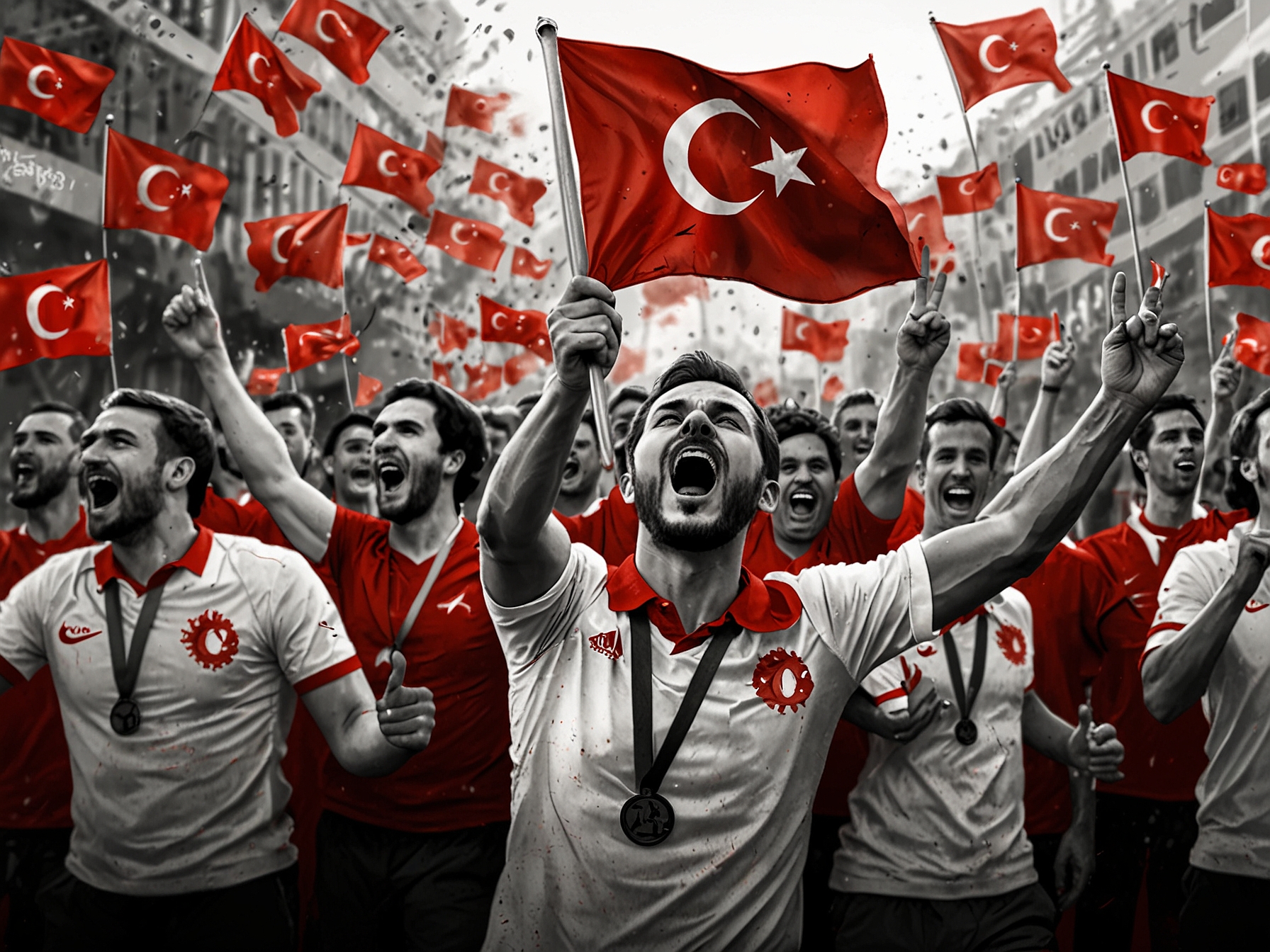 A passionate scene of Turkish fans, adorned in red and white, waving flags and cheering their national team, embodies the fervent support and high hopes for Euro 2024.