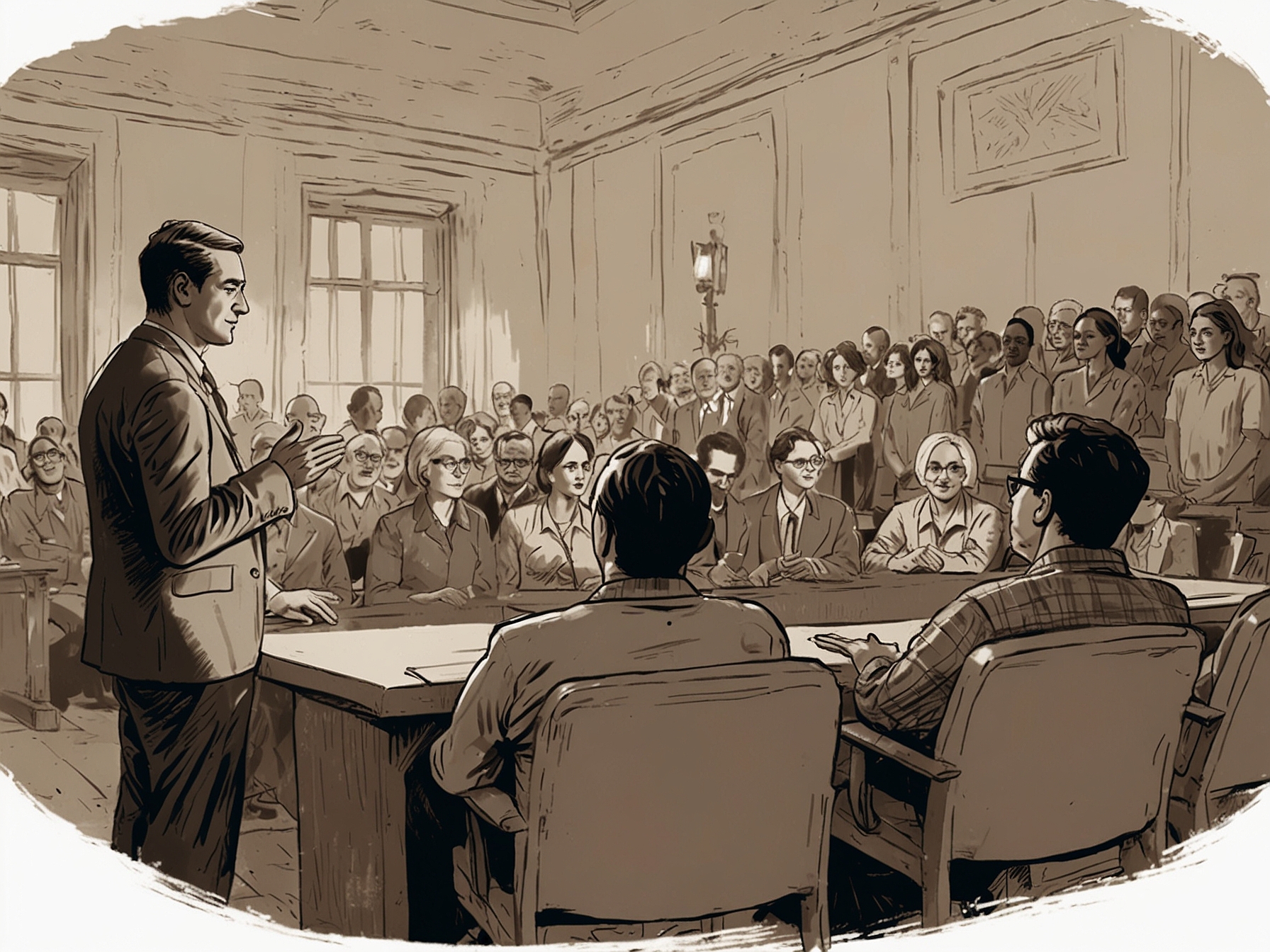 An illustration showing citizens participating in a town hall meeting, engaging with their representatives to voice opinions and discuss community concerns.