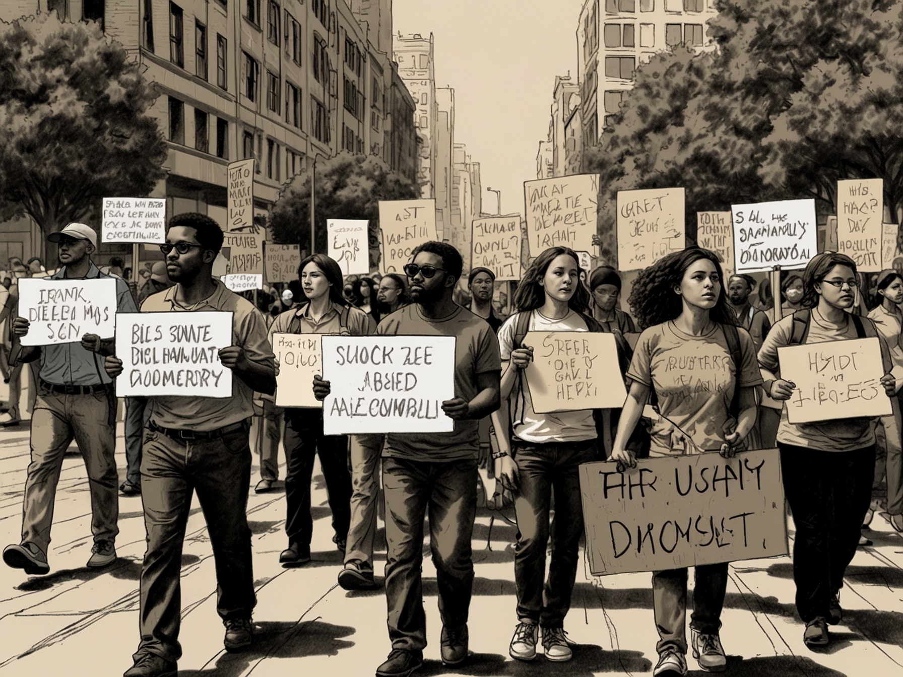 A depiction of a diverse group of protesters marching peacefully, holding signs and banners, symbolizing the public's right to dissent and seek accountability in a democracy.