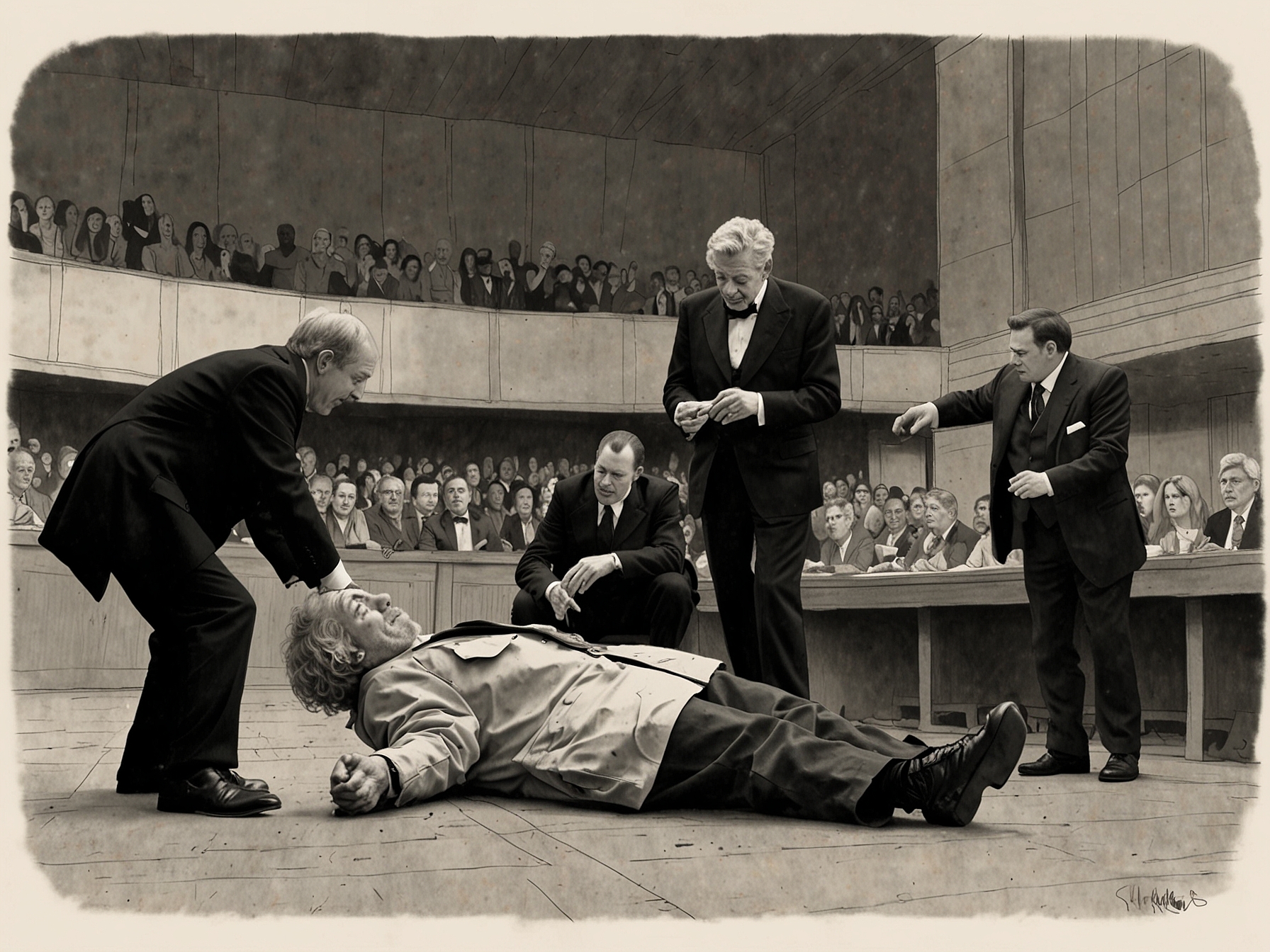 Sir Ian McKellen lying on the stage floor of the National Theatre with emergency medical personnel attending to him, capturing the immediate response following his fall during the 'Player Kings' performance.