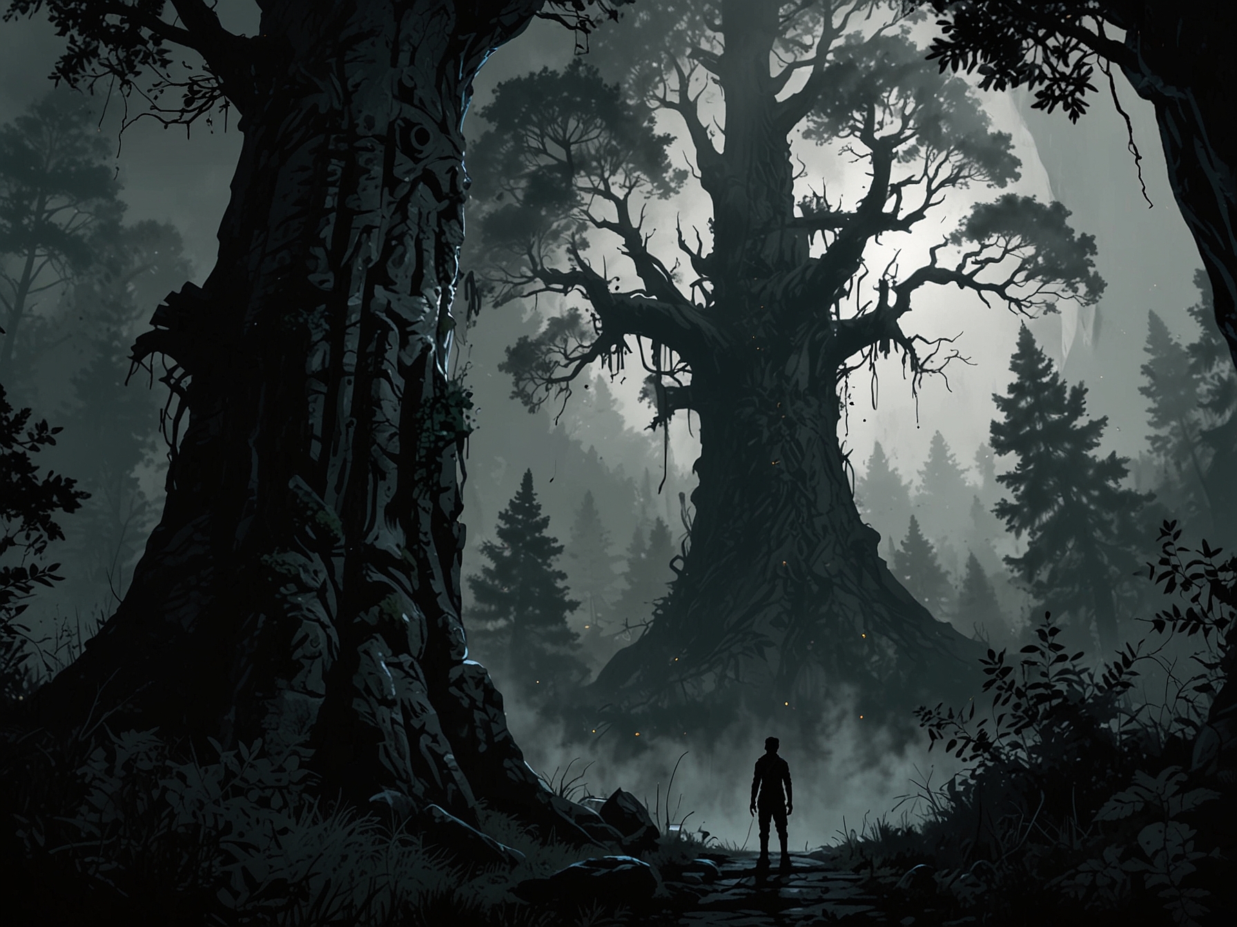 Illustration of a player character gazing up at the towering and mysterious Erdtree, with dark, eerie forests surrounding the landscape, setting the tone of the expansion.