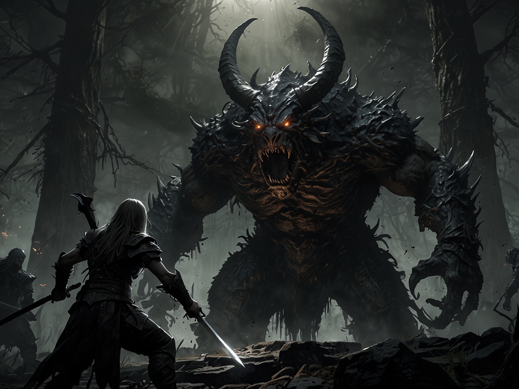 Multiplayer cooperative gameplay scene in Elden Ring: Shadow of the Erdtree showing players battling a colossal boss, demonstrating teamwork and dynamic combat strategies.