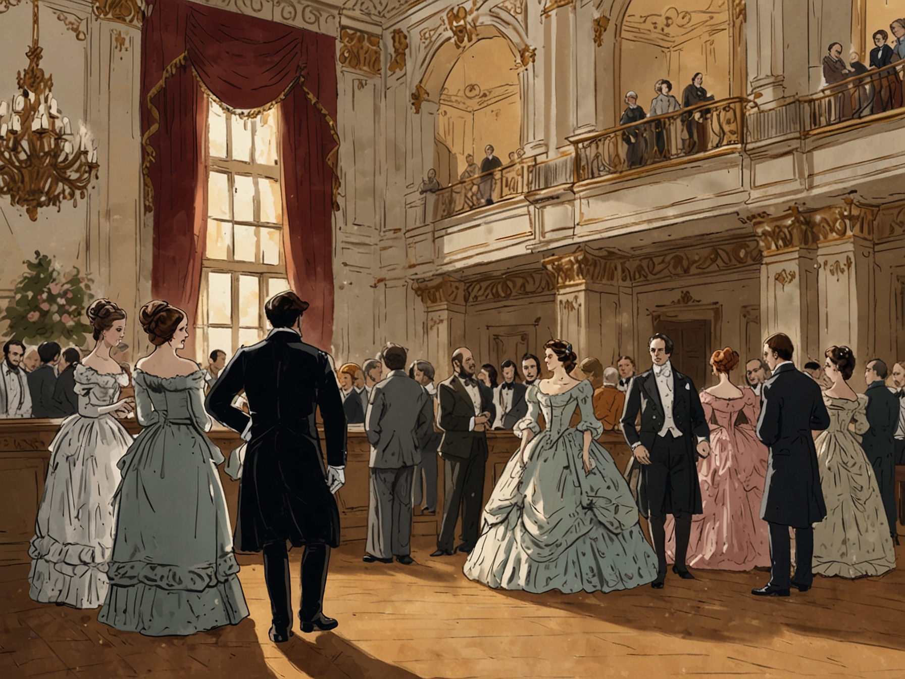 A grand ballroom scene with characters dressed in Regency-era costumes, where an eagle-eyed fan has spotted a character wearing a modern wristwatch, highlighting an anachronistic detail.