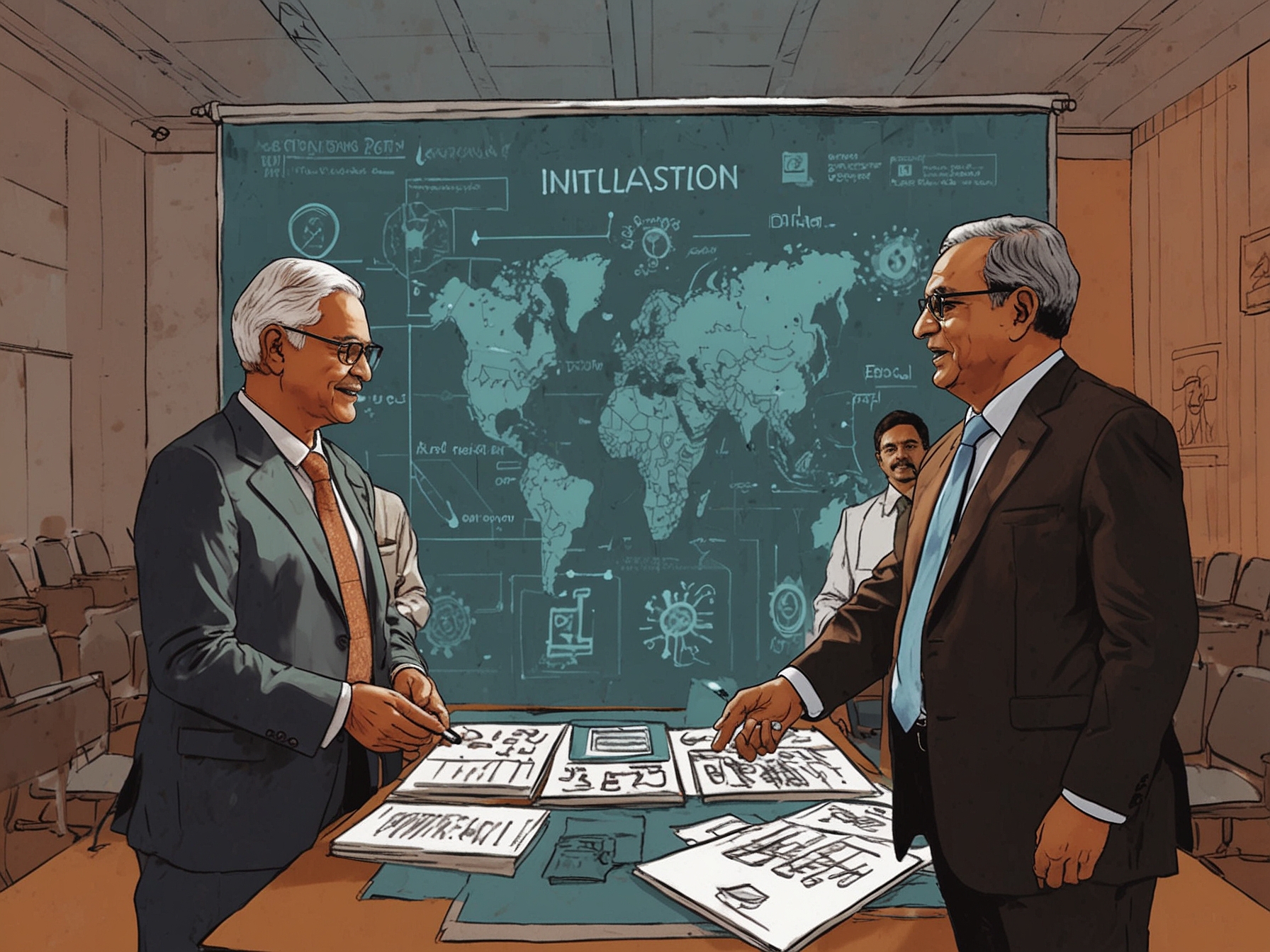 An illustration of the Indian government introducing a new deep tech policy, showcasing various stakeholders such as startups, investors, and state officials collaborating.