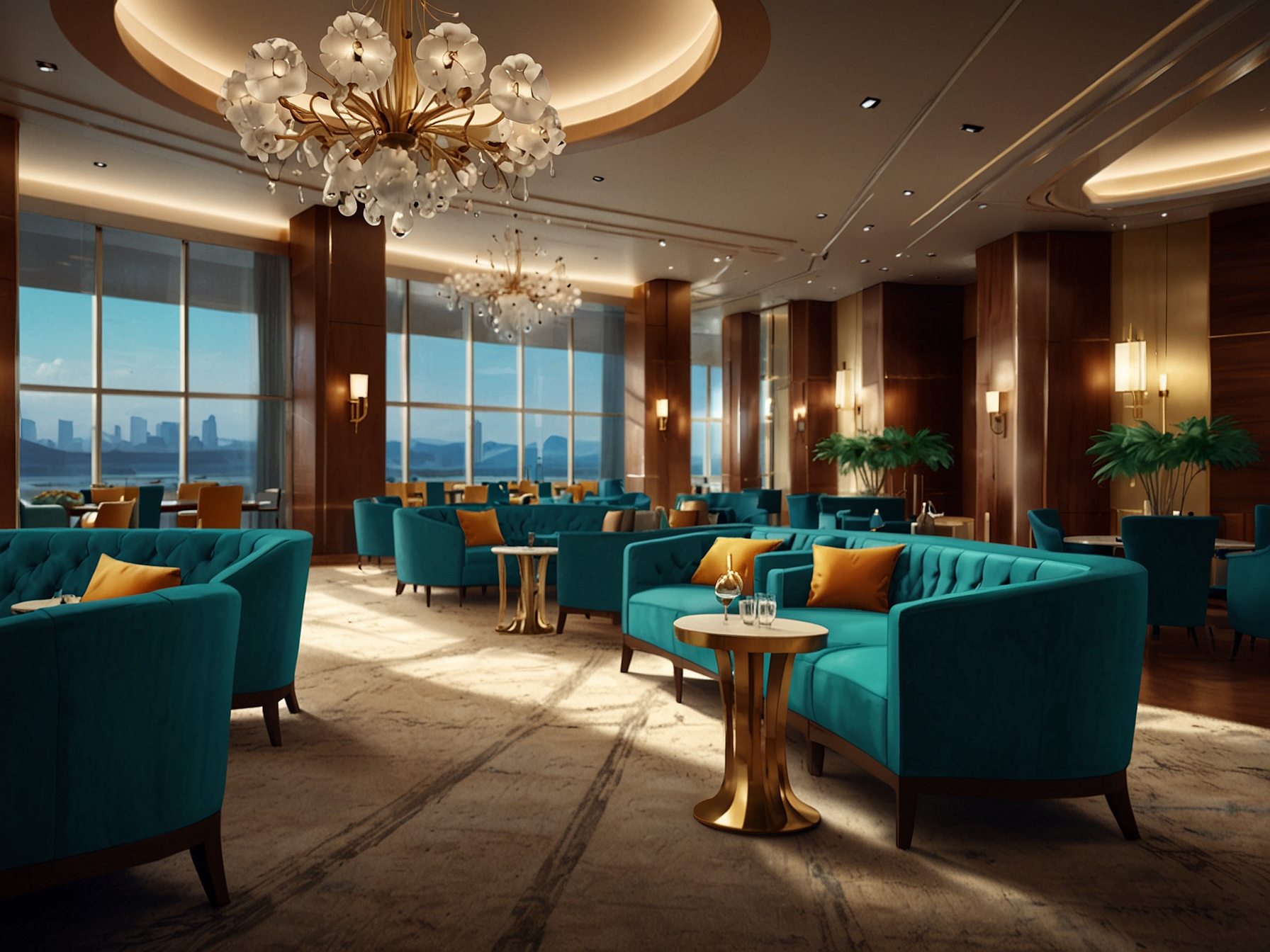 A luxurious airport lounge featuring plush seating, elegant decor, and a gourmet dining area, showcasing the opulence and comfort provided to premium travelers.