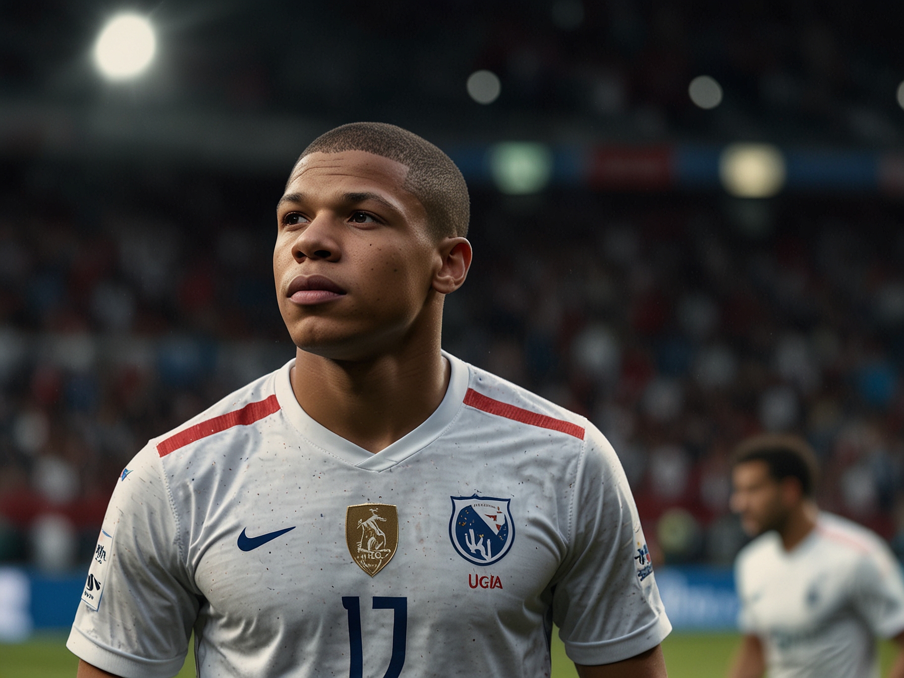 Kylian Mbappe donned in the French national team jersey, leading his teammates during a crucial Euro 2024 match, exemplifying his leadership and determination to win the championship.