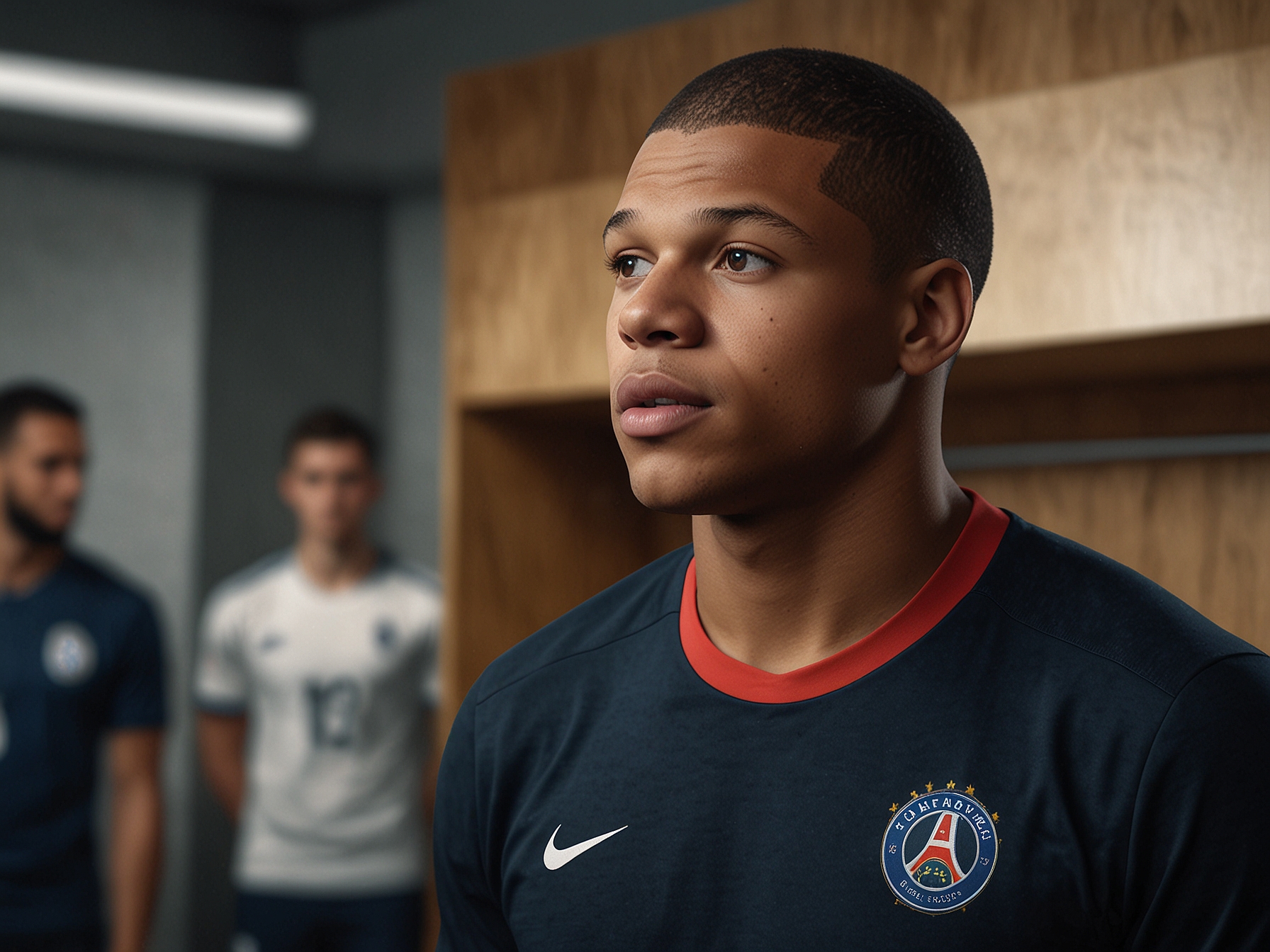 An animated Kylian Mbappe delivering an inspiring team talk in the locker room before an important Euro 2024 match, inspiring his teammates to strive for European glory.
